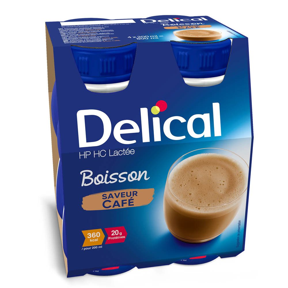 Verpakking van 4 flessen Delical HP HC Lactée Café. Blauwe flessen, afbeelding van bruine drank. Kartonnen verpakking.