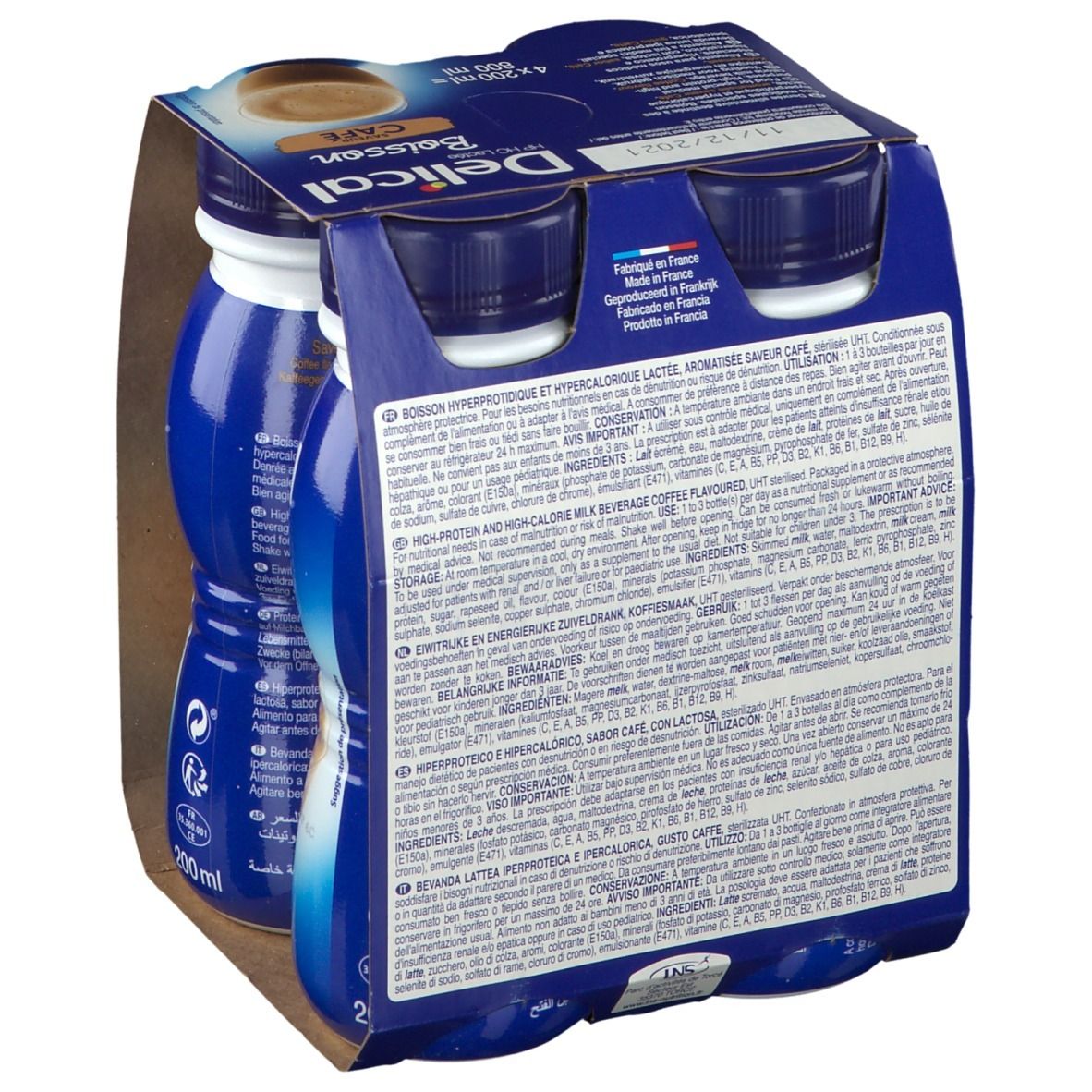 Achterkant van de verpakking van 4 flessen Delical HP HC Lactée Café. Meertalige tekst. Kartonnen verpakking.