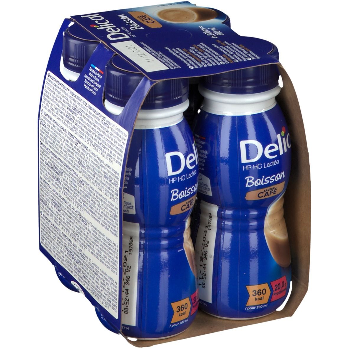Achterkant van de verpakking van 4 flessen Delical HP HC Lactée Café. Meertalige tekst. Kartonnen verpakking.