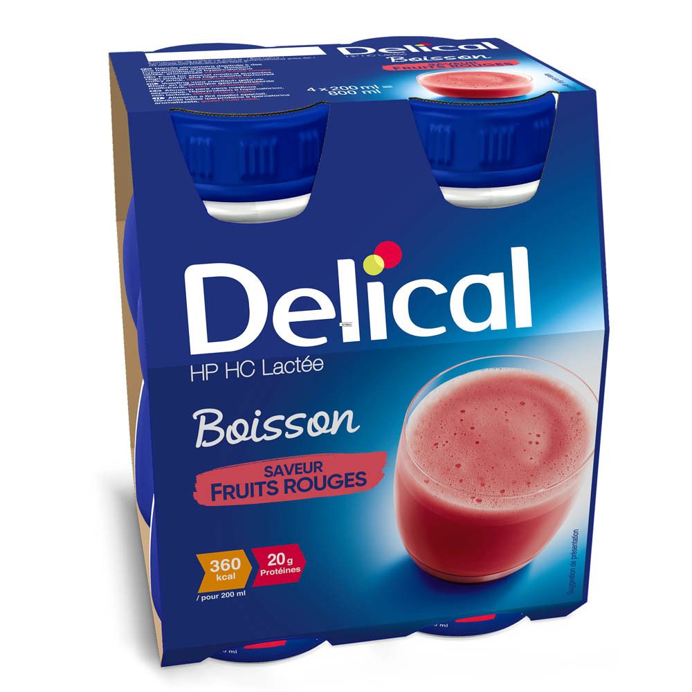 Verpakking Delical HP HC Lactée, rode vruchten. 4 flessen in karton. Blauwe flessen, rode inhoud. 360 kcal, 20g eiwitten.