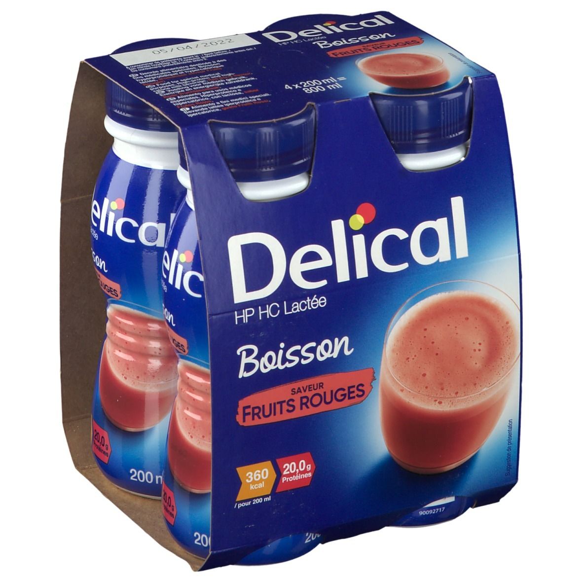 Verpakking Delical HP HC Lactée, rode vruchten. 4 flessen in karton. Blauwe flessen, rode vloeistof. 360 kcal, 20g eiwitten.