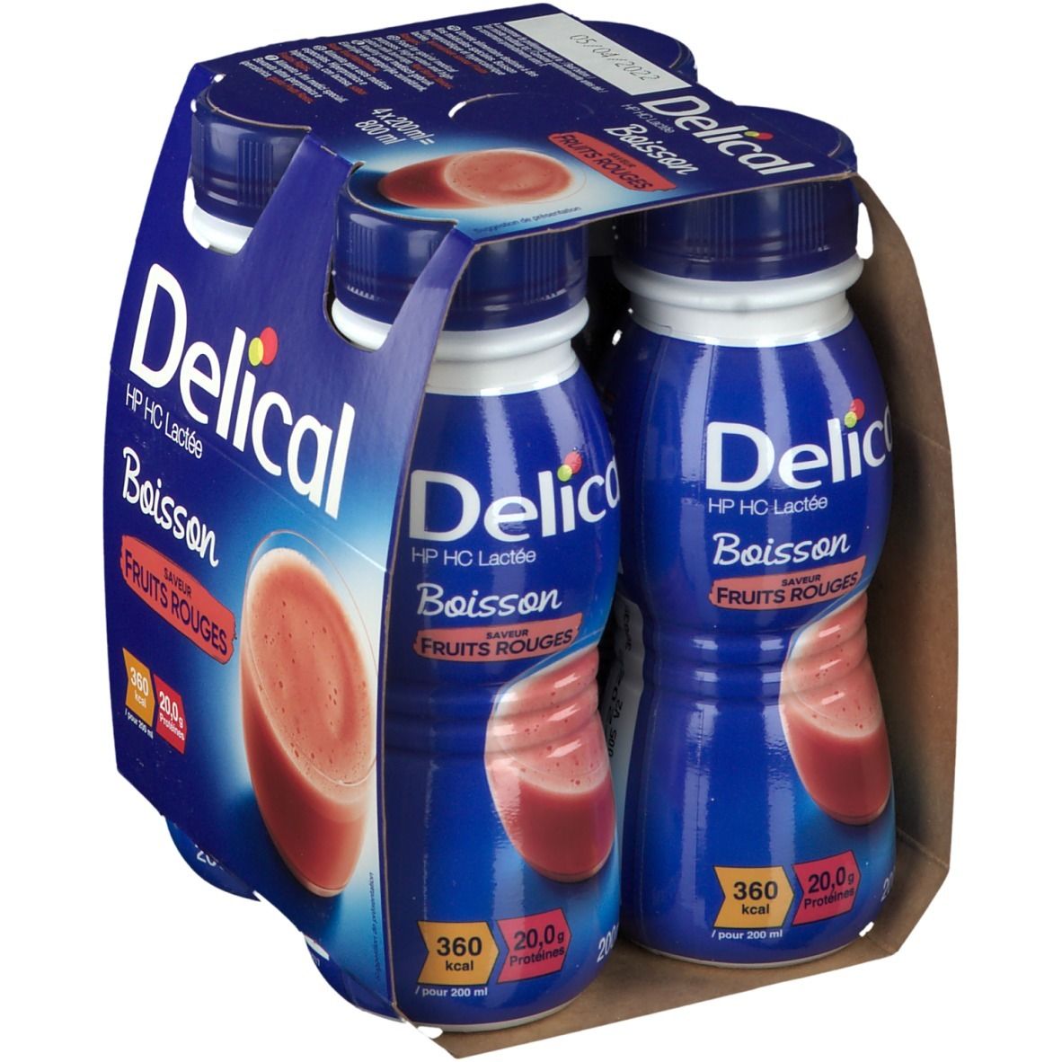 Verpakking Delical HP HC Lactée, rode vruchten. 4 flessen in karton. Blauwe flessen, rode inhoud. 360 kcal, 20g eiwitten.