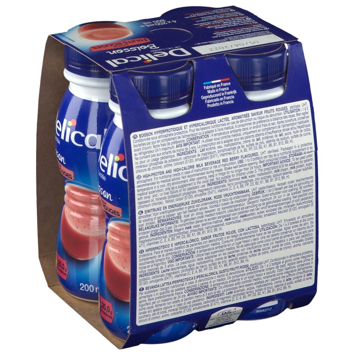 Achterkant verpakking Delical HP HC Lactée, rode vruchten. Meertalige tekst. 4 flessen. 360 kcal, 20g eiwitten.