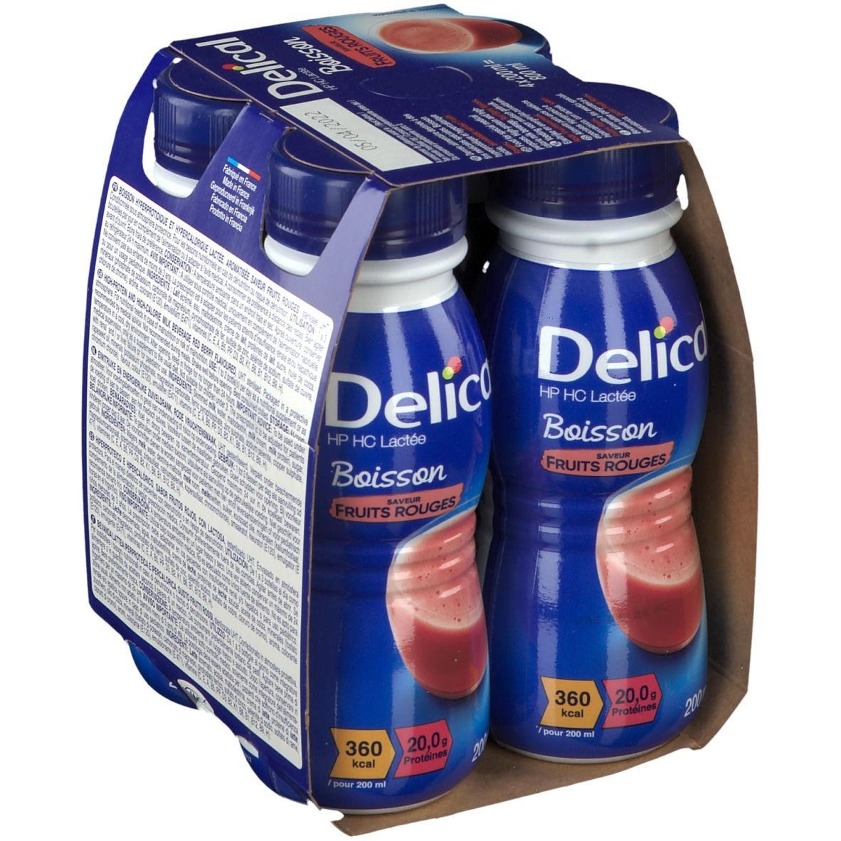 Verpakking Delical HP HC Lactée, rode vruchten. 4 flessen in karton. Blauwe flessen, rode inhoud. 360 kcal, 20g eiwitten.