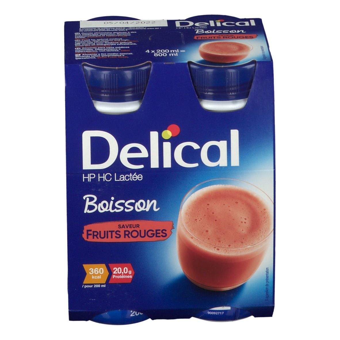 Verpakking Delical HP HC Lactée, rode vruchten. 4 flessen in karton. Blauwe flessen, rode inhoud. 360 kcal, 20g eiwitten.
