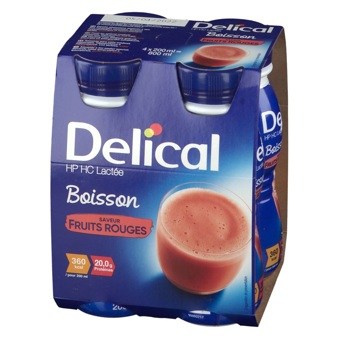 Verpakking Delical HP HC Lactée, rode vruchten. 4 flessen in karton. Blauwe flessen, rode inhoud. 360 kcal, 20g eiwitten.