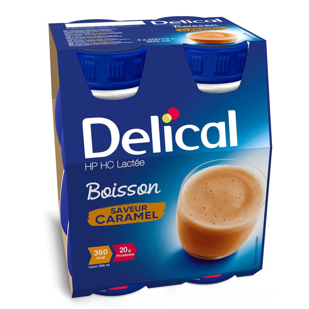 Verpakking Delical Boisson Lactée HP-HC Caramel. 4 flessen. Opschrift: 360 kcal, 20,0g eiwitten. Blauwe flessen.
