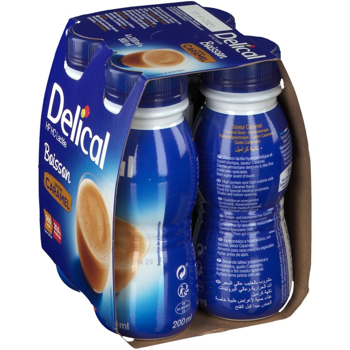 Verpakking Delical Boisson Lactée HP-HC Caramel. 4 flessen. Achterkant met tekst. Blauwe flessen, blauwe doppen.