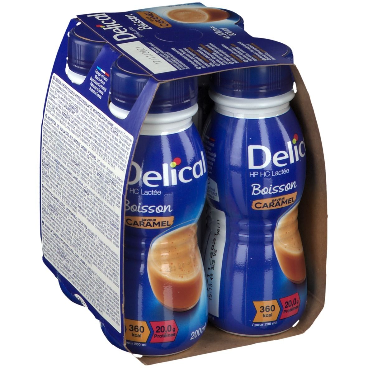 Verpakking Delical Boisson Lactée HP-HC Caramel. Achterkant met tekst. Blauwe flessen, blauwe doppen.