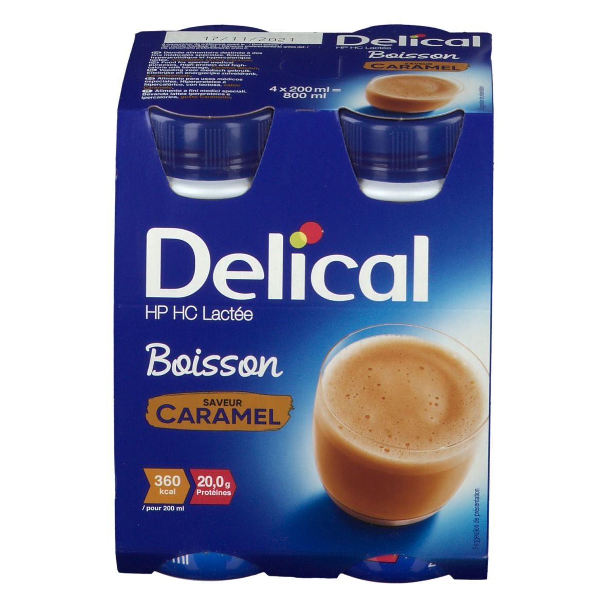 Verpakking Delical Boisson Lactée HP-HC Caramel. 4 flessen. Opschrift: 360 kcal, 20,0g eiwitten. Blauwe flessen.