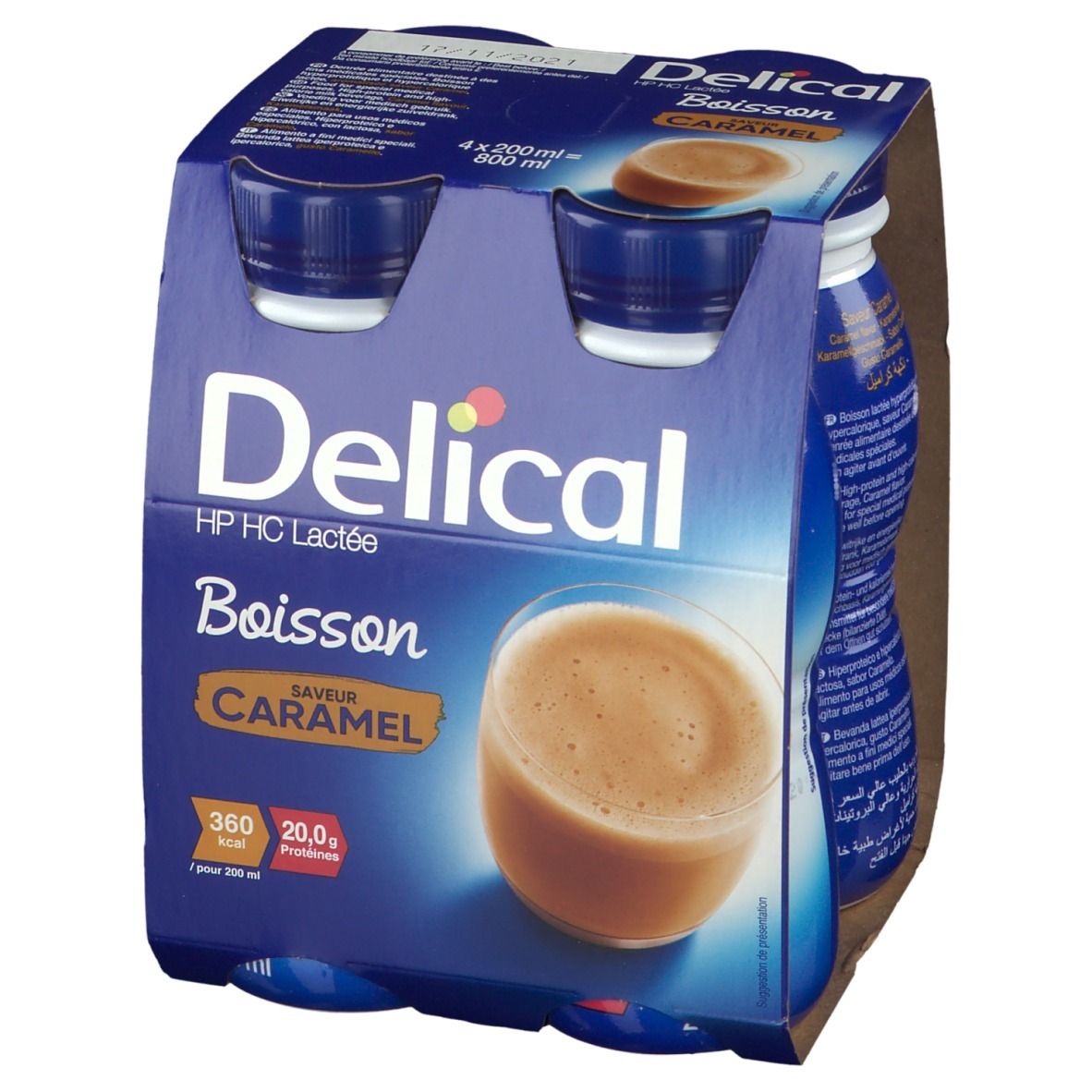 Verpakking Delical Boisson Lactée HP-HC Caramel. 4 flessen. Opschrift: 360 kcal, 20,0g eiwitten. Blauwe flessen.