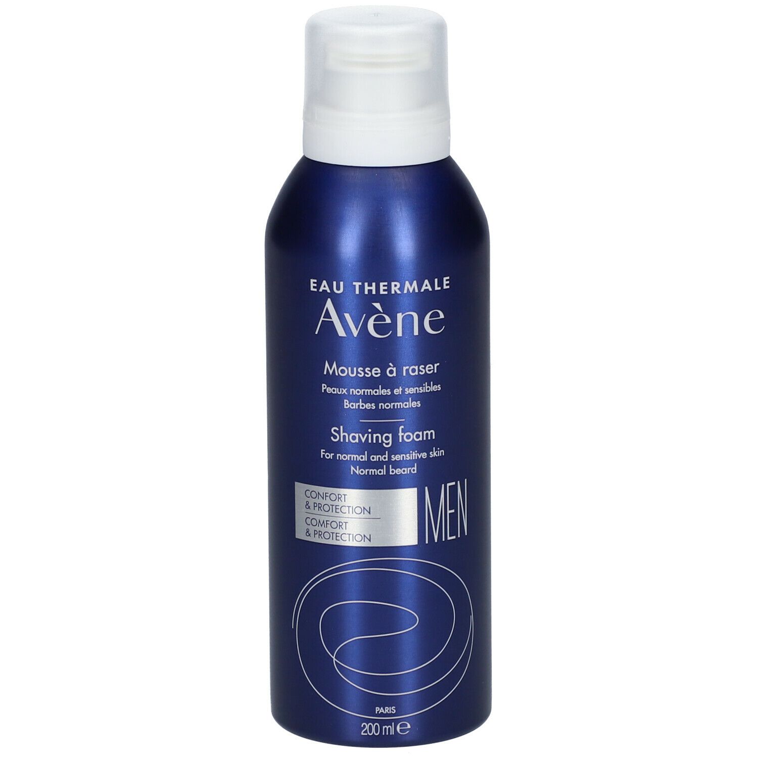 Flacon bleu métallisé avec bouchon blanc. Inscriptions: Eau Thermale Avène, Mousse à raser, Shaving foam, MEN.