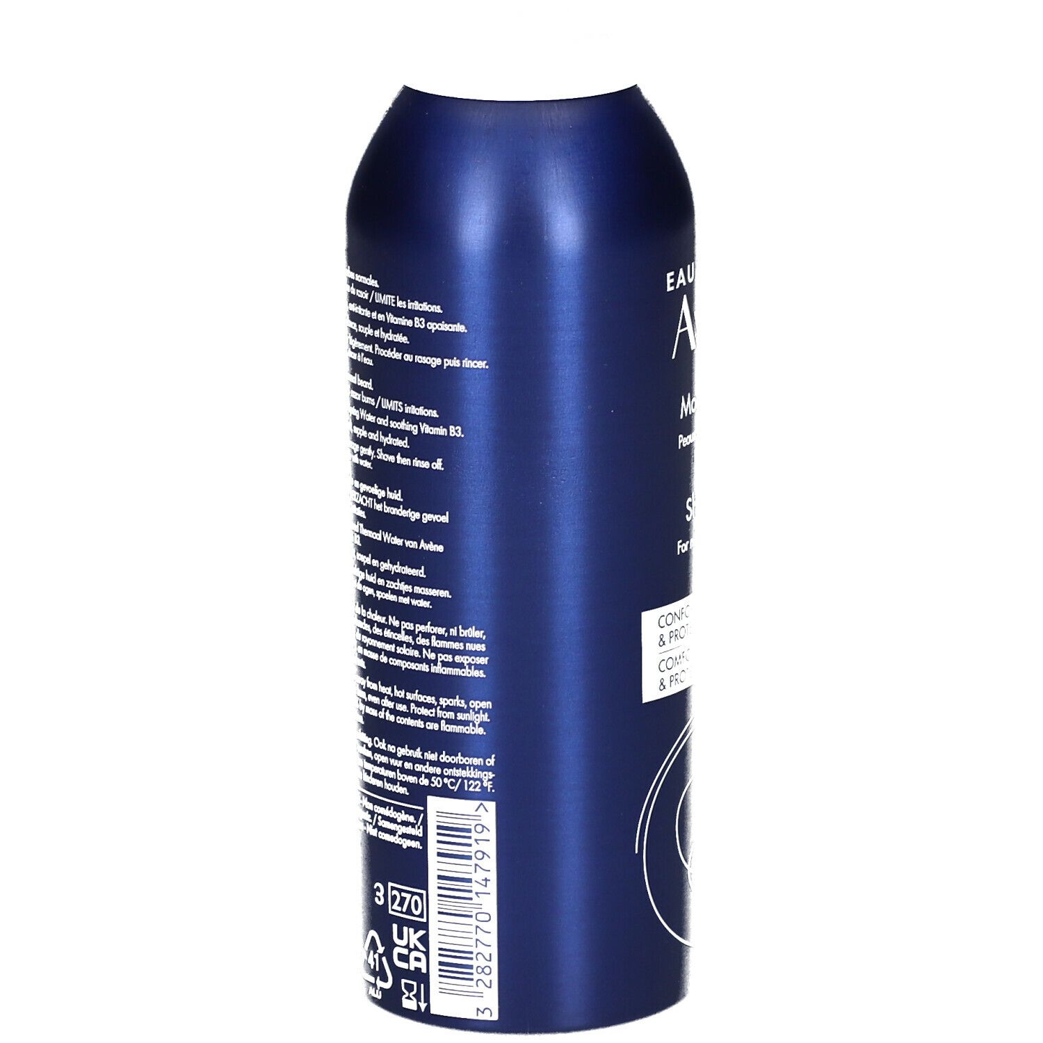 Flacon bleu avec texte. Inscriptions: informations sur le produit, ingrédients, avertissements. Avec symboles de recyclage.