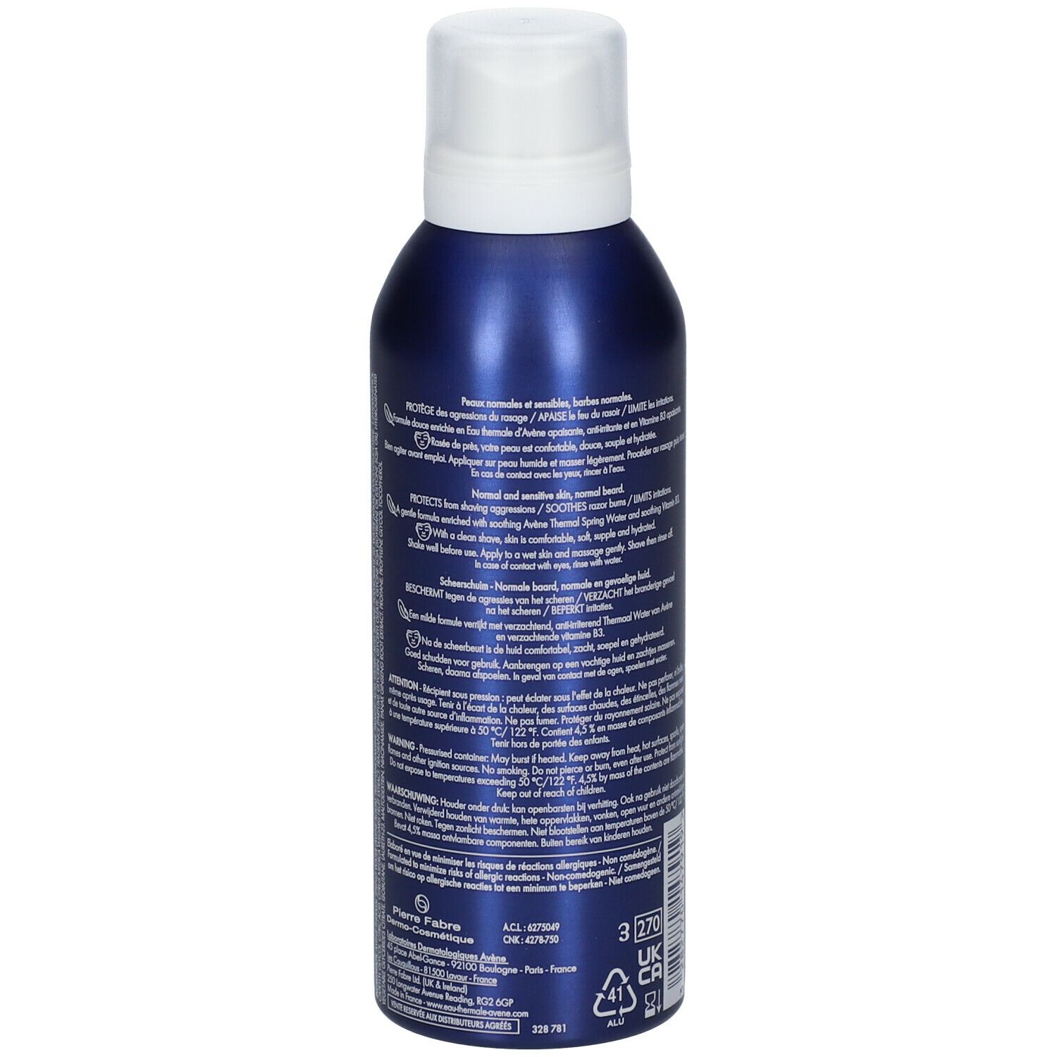 Dos du flacon bleu avec texte. Inscriptions: informations sur le produit, ingrédients, avertissements. Avec symboles de recyclage.