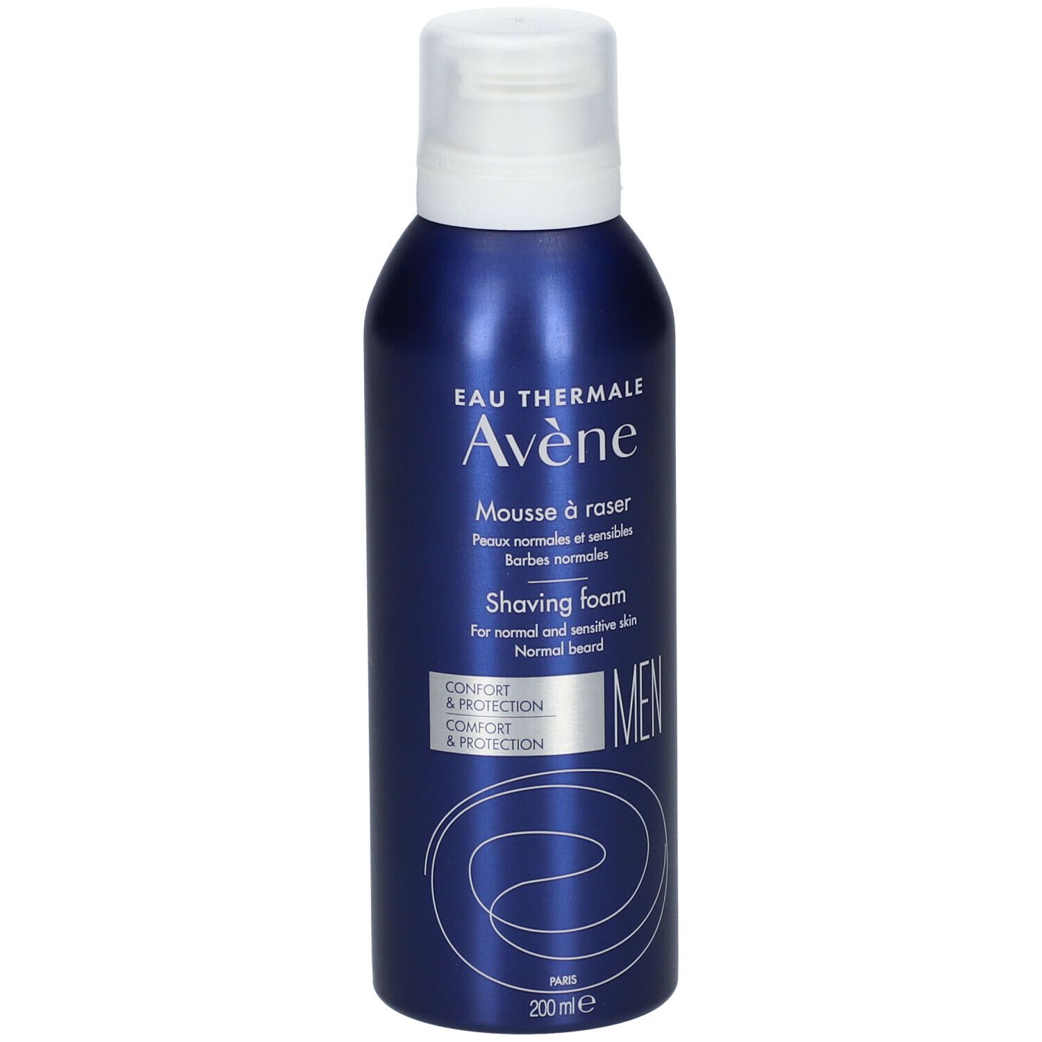 Flacon bleu métallisé avec bouchon blanc. Inscriptions: Eau Thermale Avène, Mousse à raser, Shaving foam, MEN.
