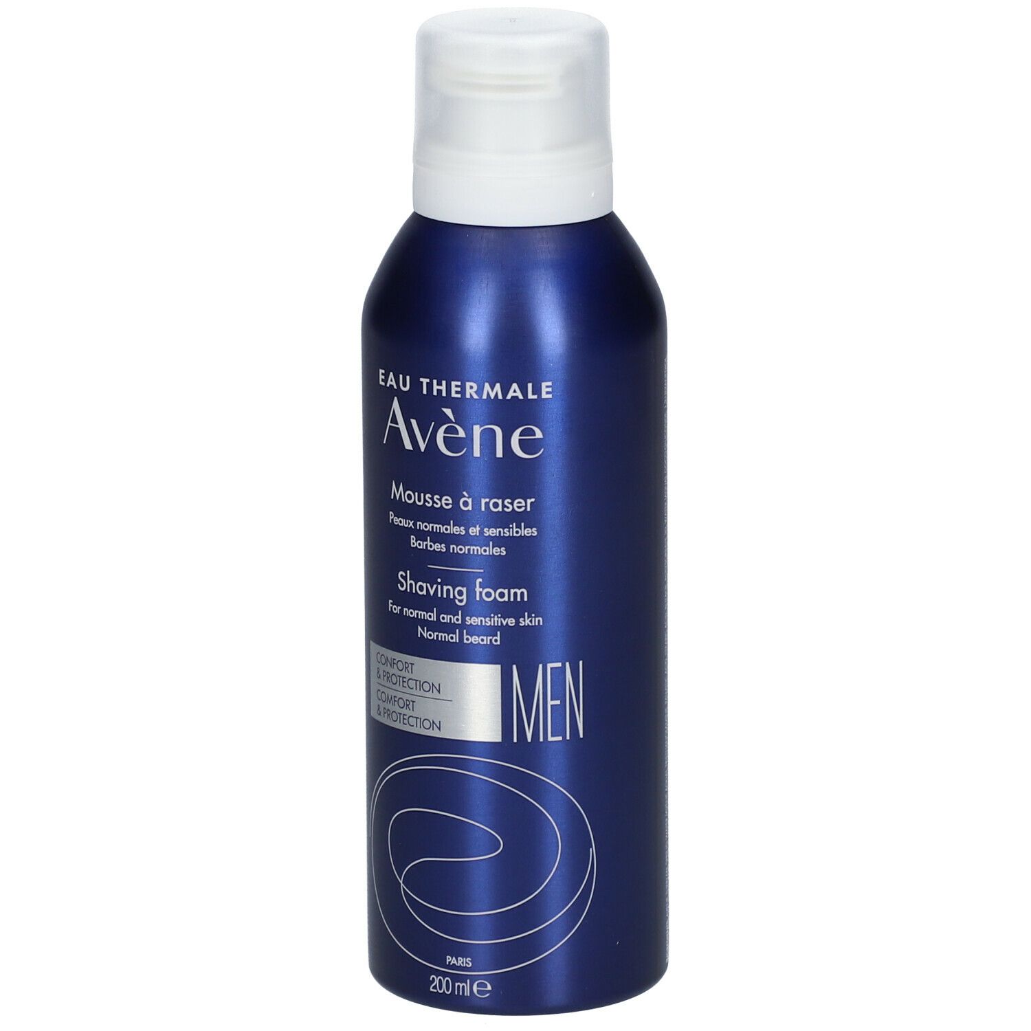 Flacon bleu métallisé avec bouchon blanc. Inscriptions: Eau Thermale Avène, Mousse à raser, Shaving foam, MEN.