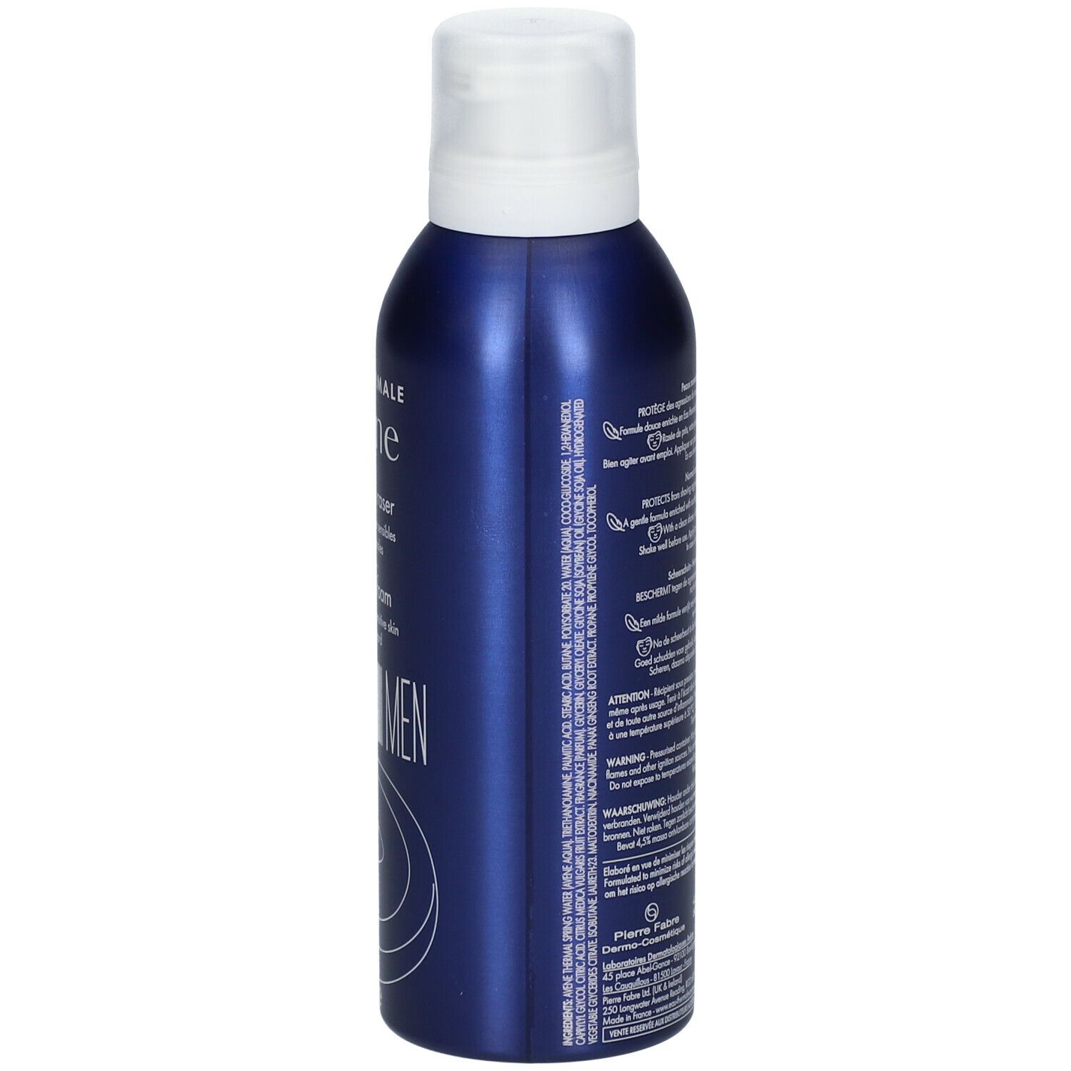 Flacon bleu avec bouchon blanc. Inscriptions: Eau Thermale Avène, Mousse à raser, Shaving foam, MEN. Texte au dos.