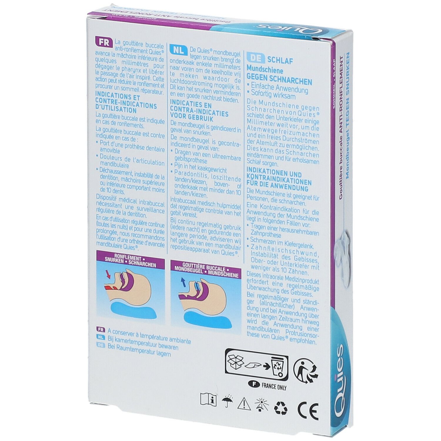 Achterkant van de verpakking met meertalige tekst. Illustraties van het product. Merk Quies.