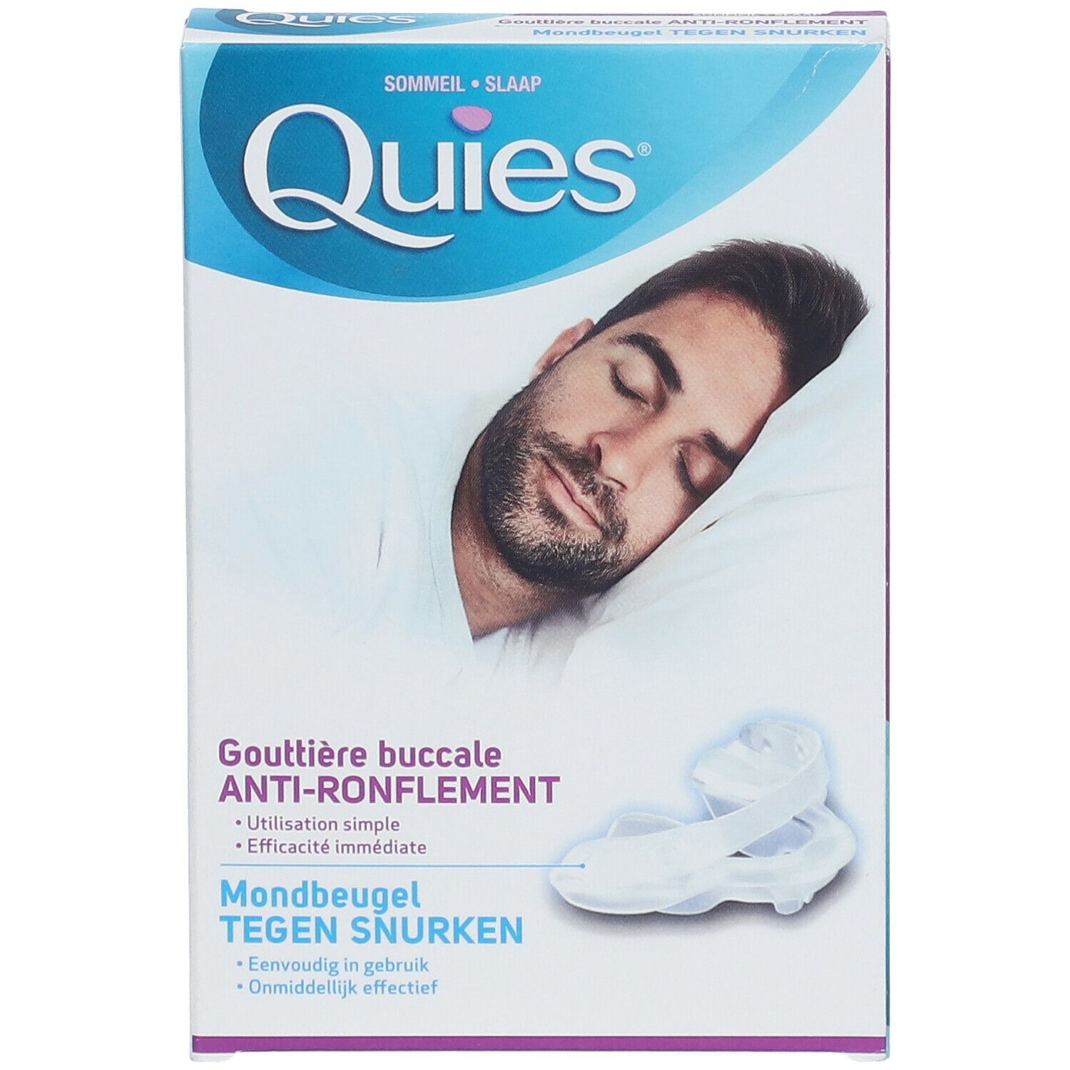 Verpakking met afbeelding van slapende man en product. Tekst: Gouttière buccale anti-ronflement, Mondbeugel tegen snurken.