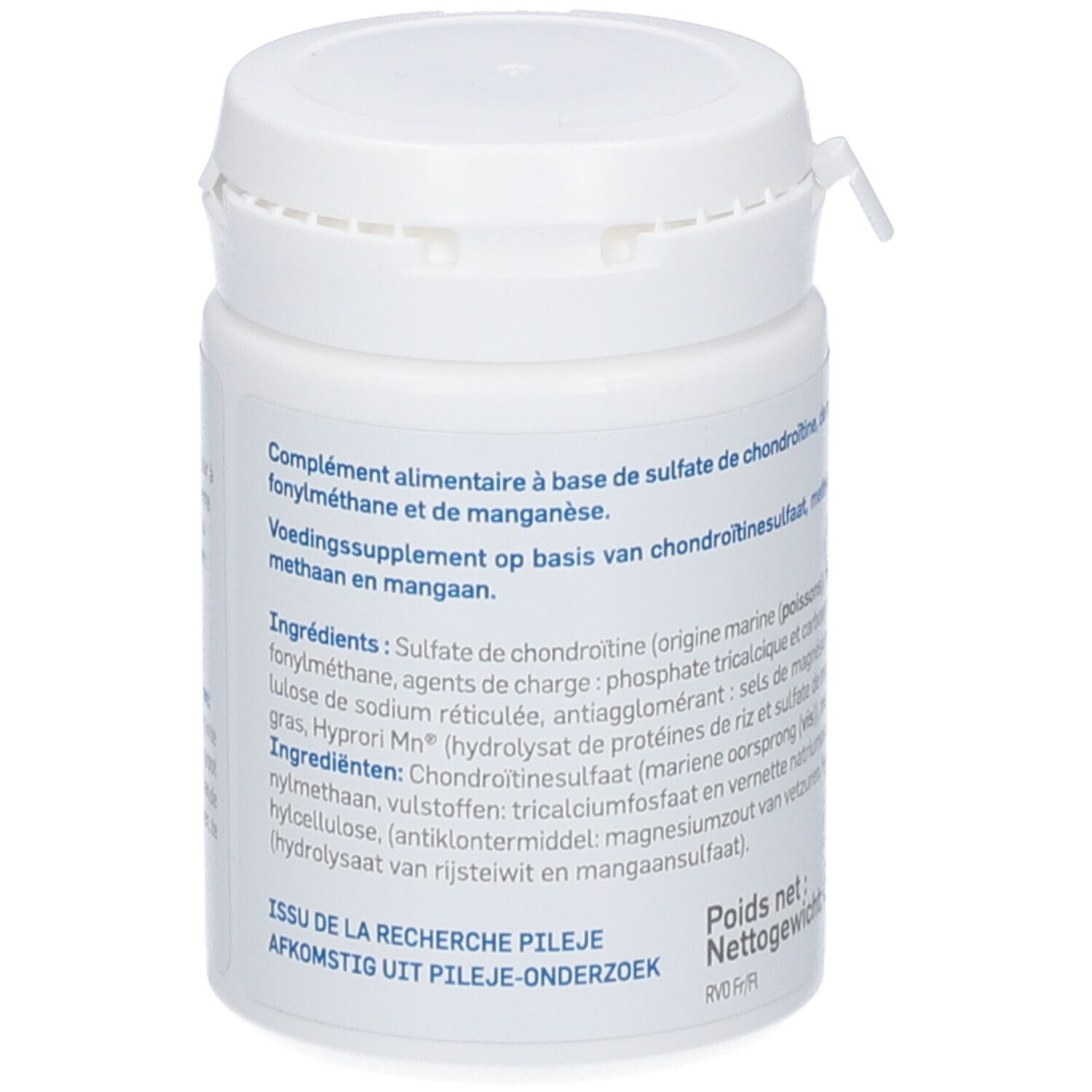 Witte pot met blauwe tekst. Bevat ingrediënten en informatie. Deksel met sluiting. Merk PiLeJe.