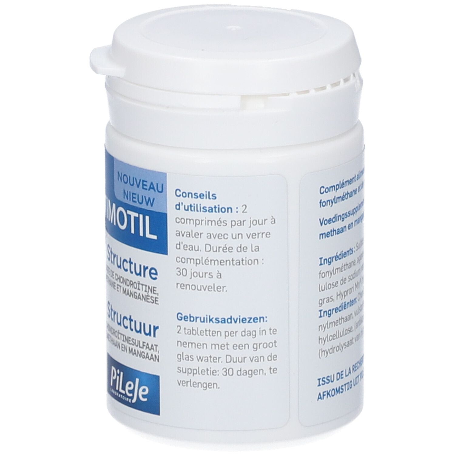 Witte pot met blauw etiket. Bevat informatie en dosering. Deksel met sluiting. Merk PiLeJe.