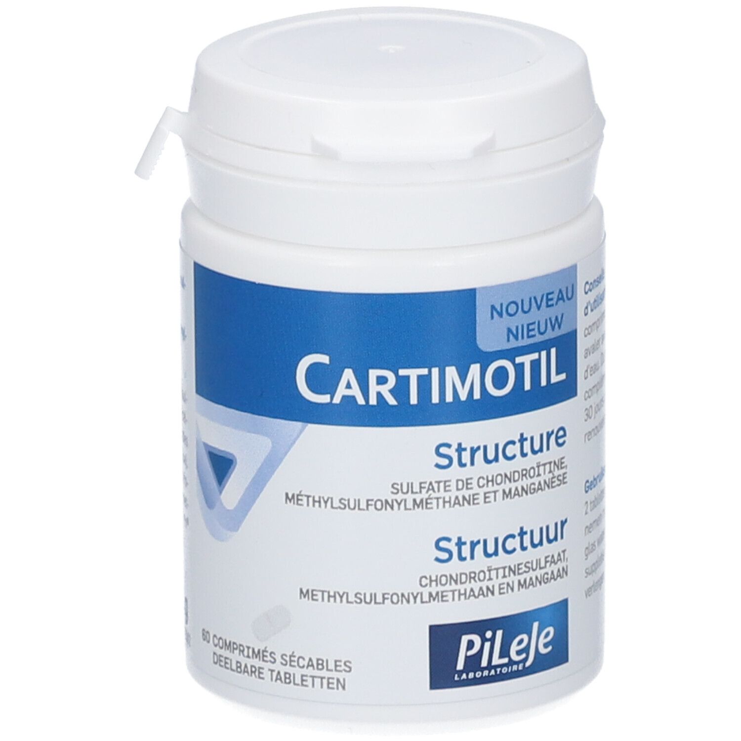 Witte pot met blauw etiket. Bevat Cartimotil Structure. Deksel met sluiting. Merk PiLeJe.