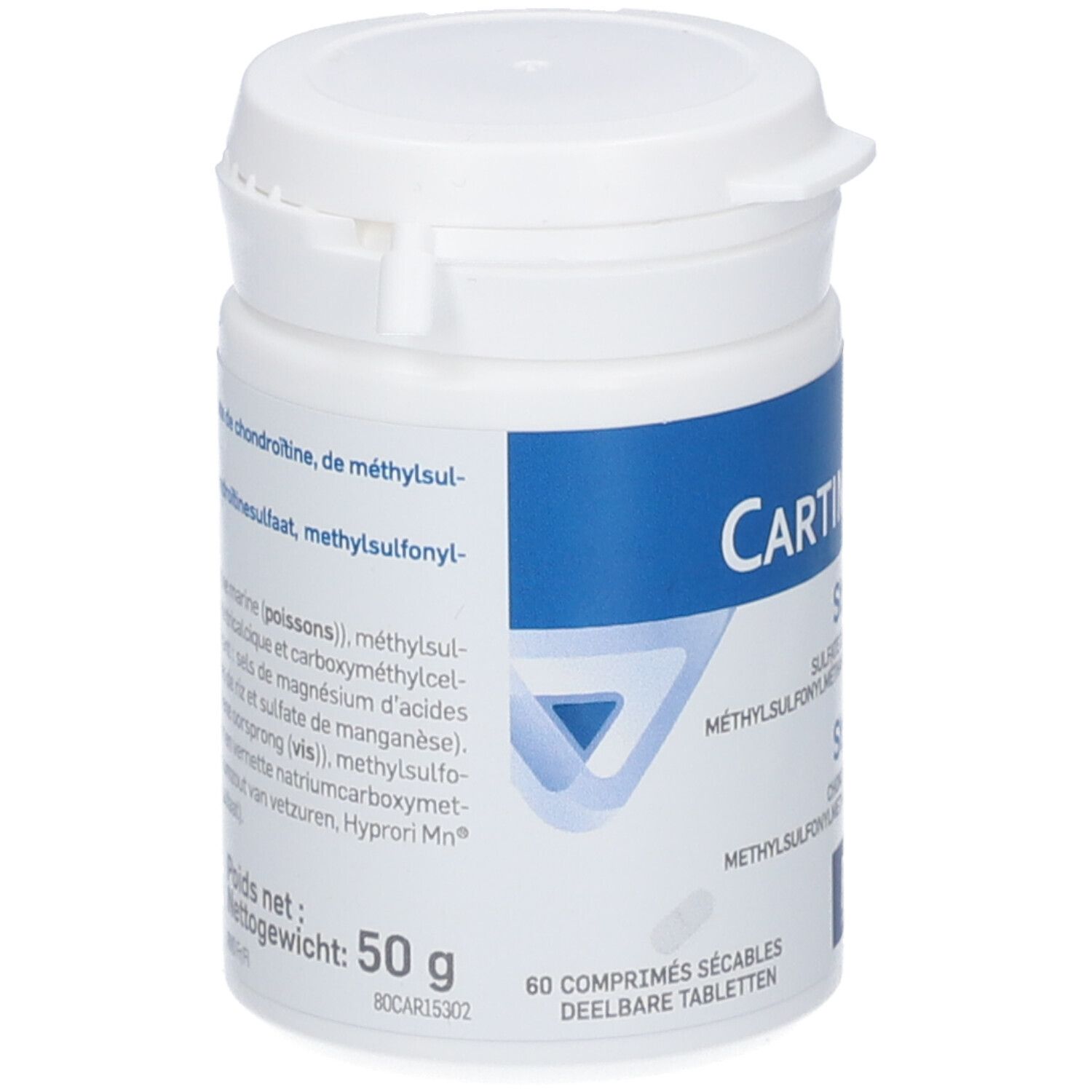 Witte pot met blauw etiket. Bevat Cartimotil Structure. 60 tabletten. Merk PiLeJe.
