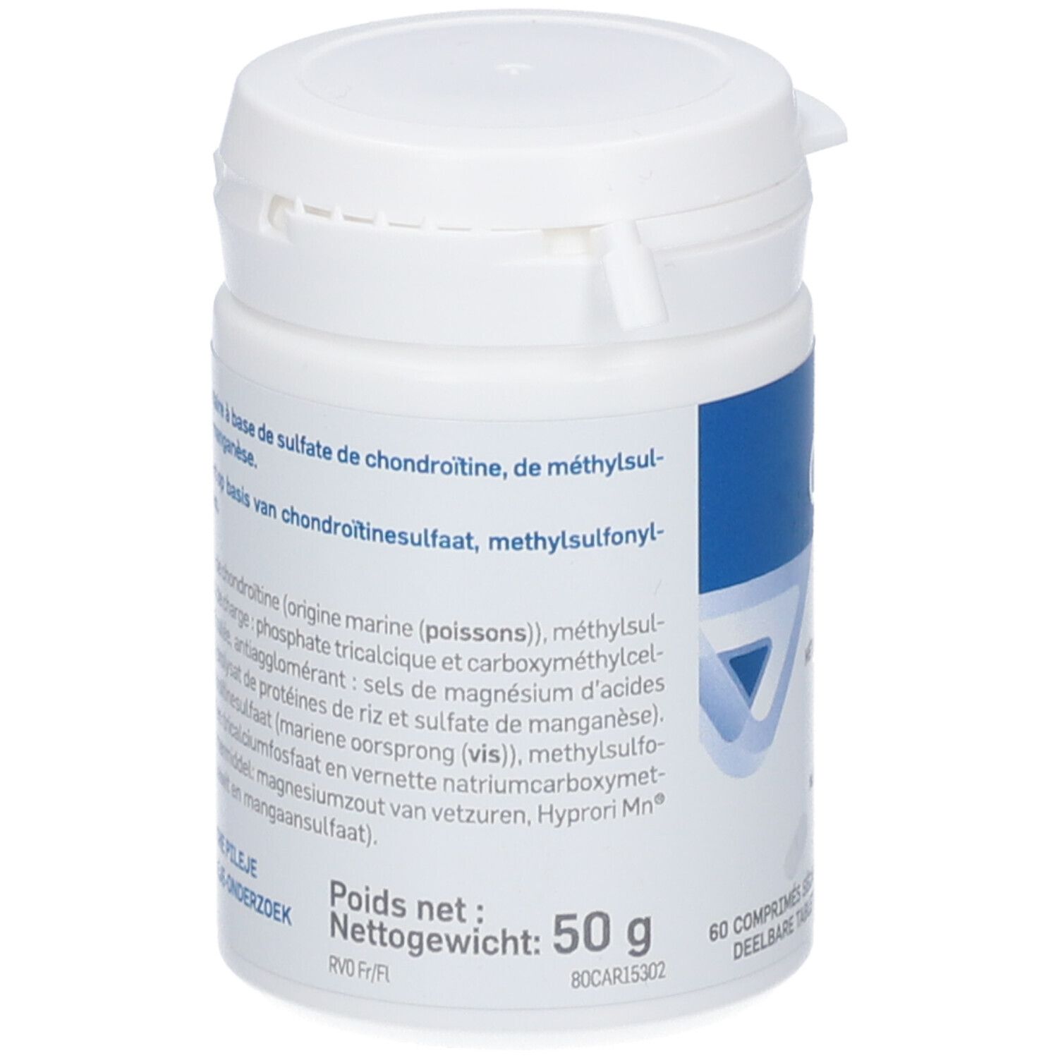 Witte pot met blauw etiket. Bevat Cartimotil Structure. 50g. 60 tabletten. Merk PiLeJe.