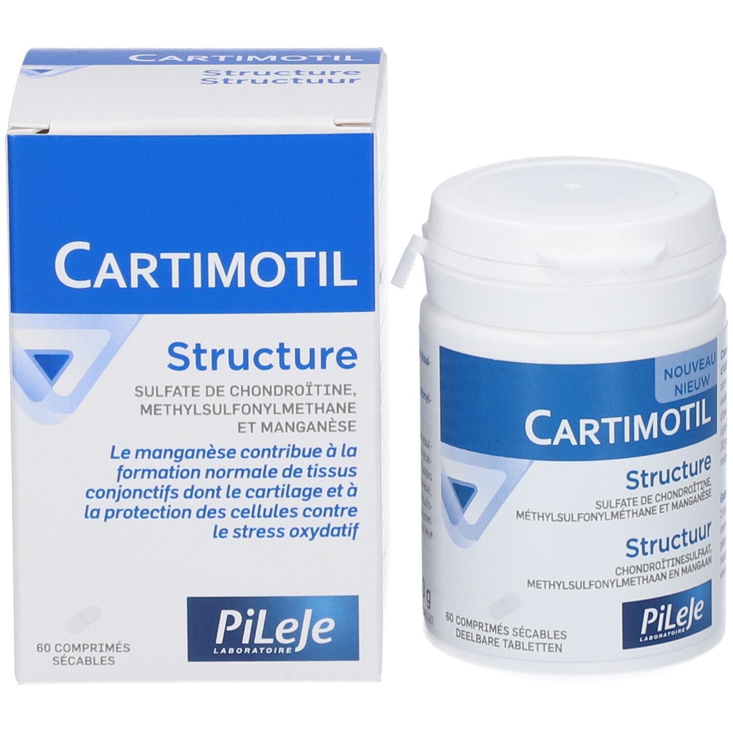 Productverpakking met pot en doos. Bevat Cartimotil Structure. 60 tabletten. Merk PiLeJe.