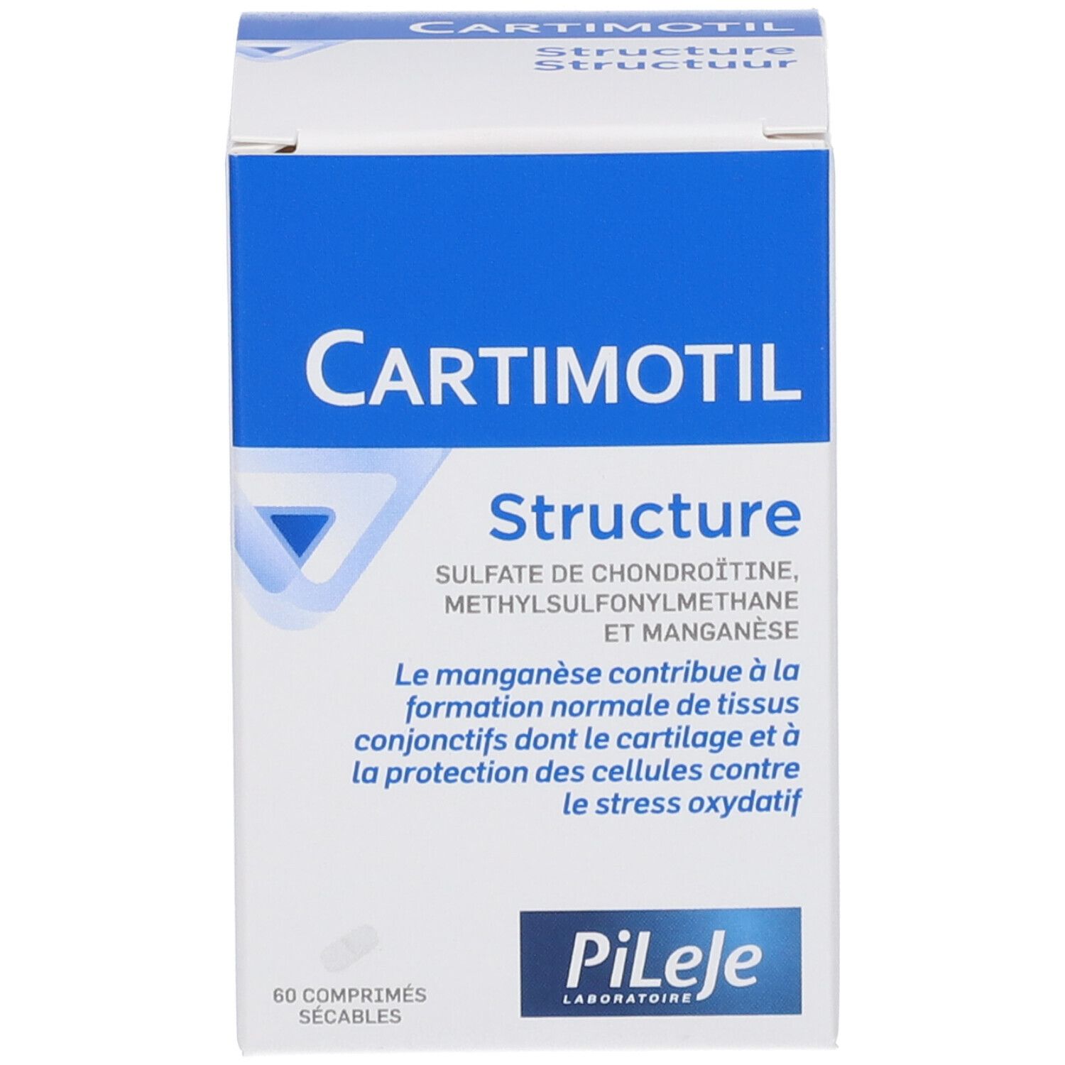 Witte doos met blauw etiket. Bevat Cartimotil Structure. 60 tabletten. Merk PiLeJe.