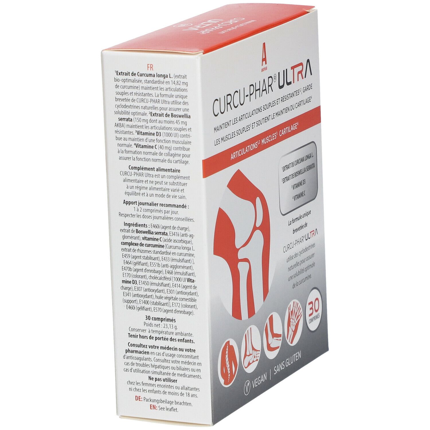 Boîte de Curcu-Phar® Ultra en biais. Contient 30 comprimés. Vegan et sans gluten. Contient des extraits de Curcuma longa, Boswellia serrata, vitamine D3 et C.