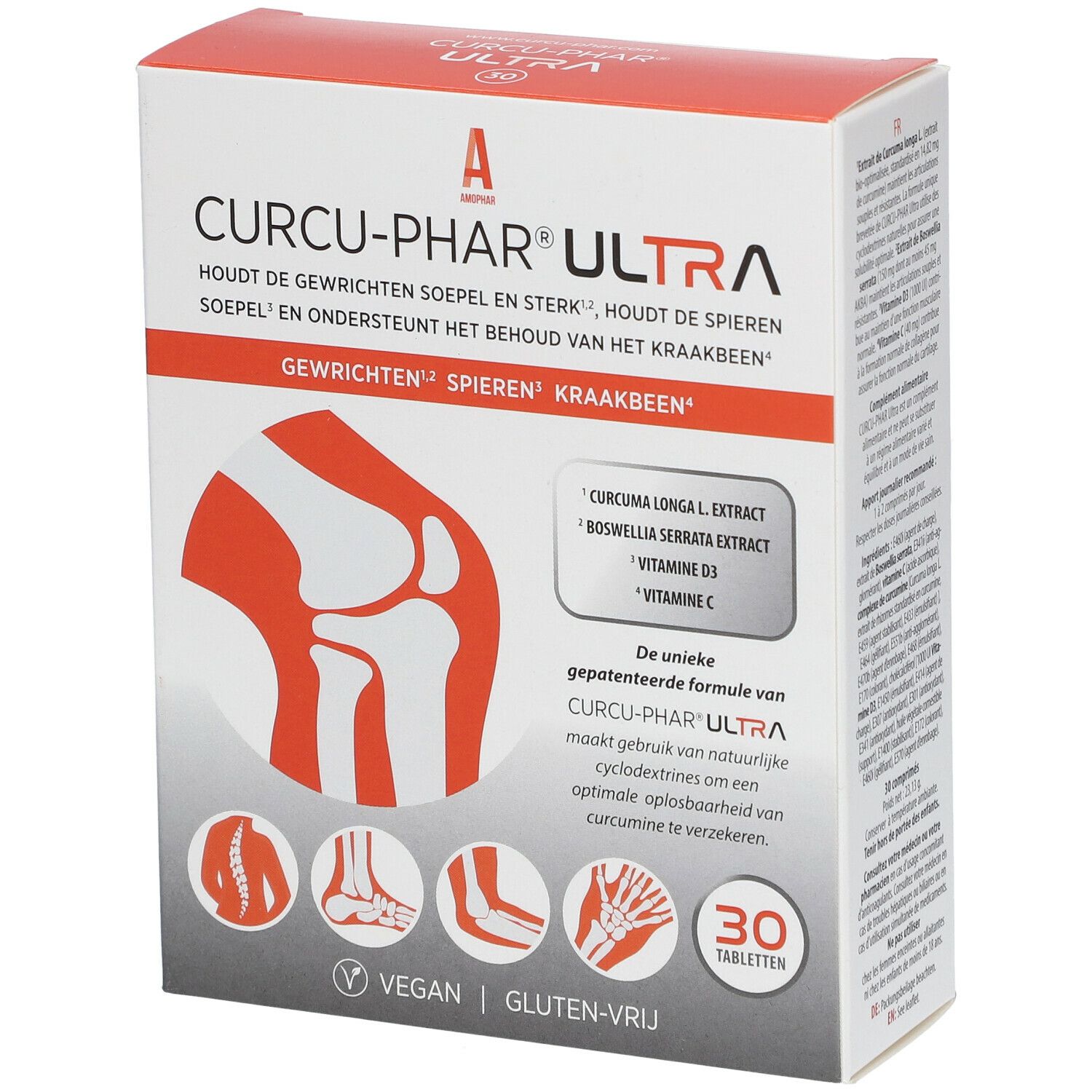 Boîte de Curcu-Phar® Ultra. Contient 30 comprimés. Vegan et sans gluten. Contient des extraits de Curcuma longa, Boswellia serrata, vitamine D3 et C.