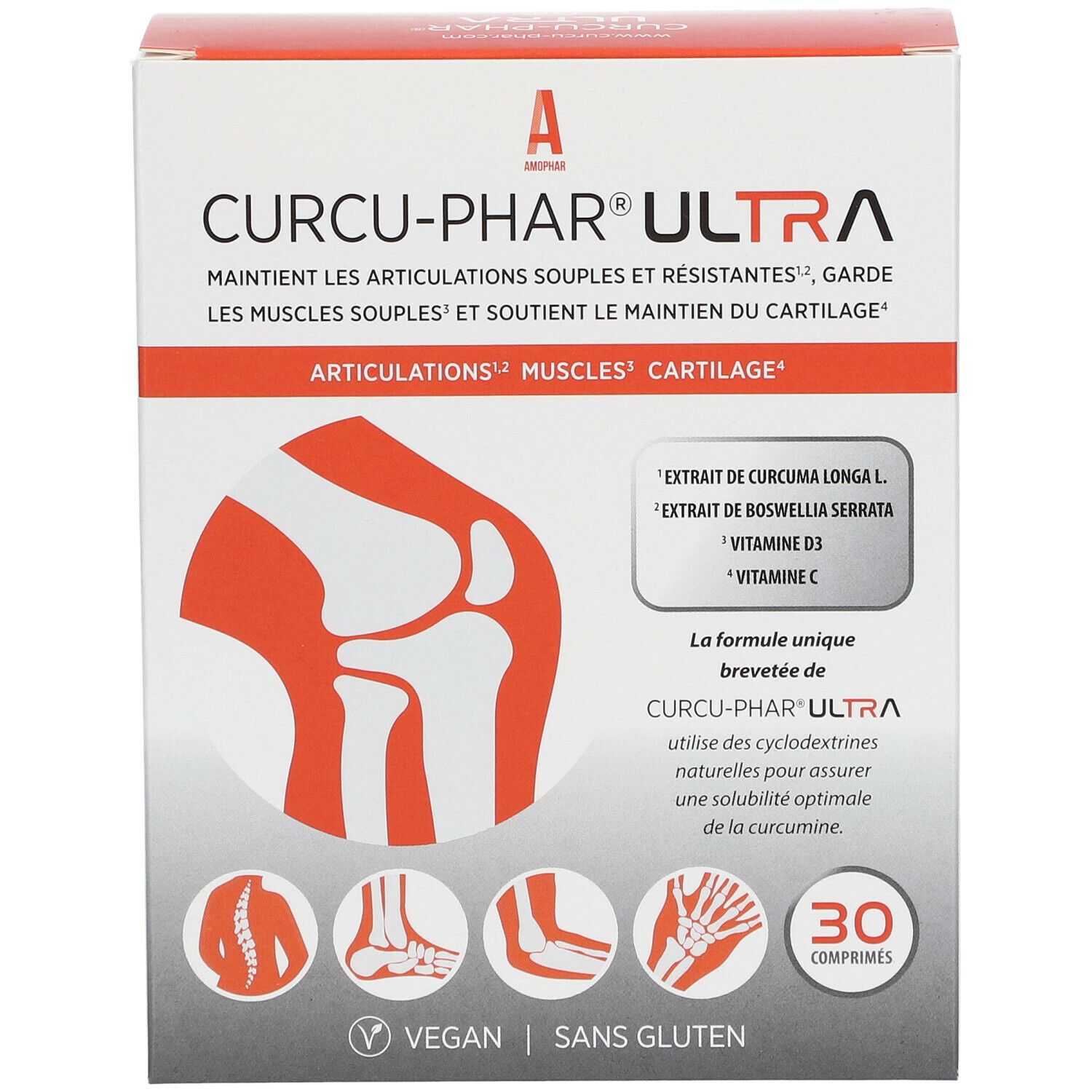 Boîte de Curcu-Phar® Ultra. Contient 30 comprimés. Vegan et sans gluten. Contient des extraits de Curcuma longa, Boswellia serrata, vitamine D3 et C.