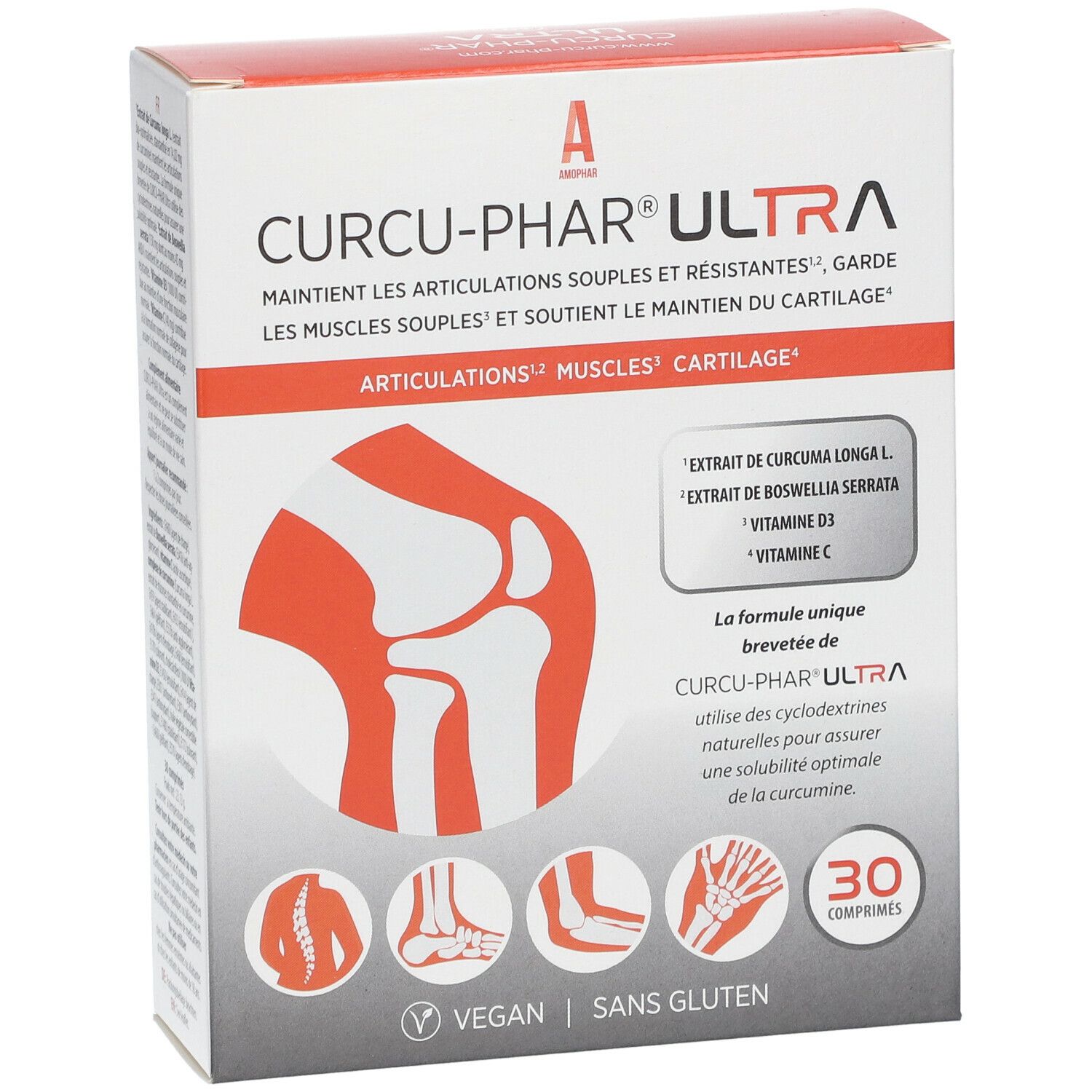Boîte de Curcu-Phar® Ultra. Contient 30 comprimés. Vegan et sans gluten. Contient des extraits de Curcuma longa, Boswellia serrata, vitamine D3 et C.
