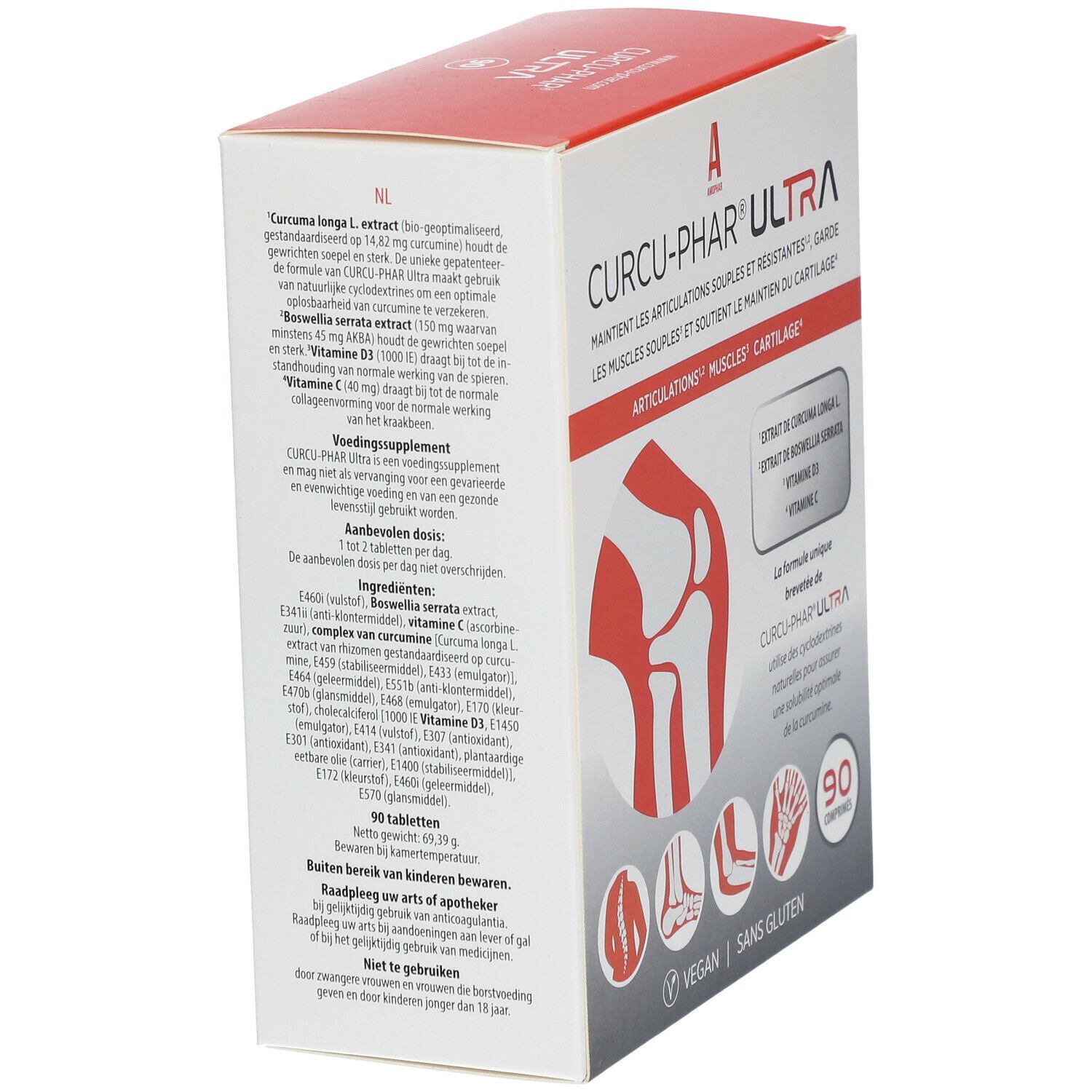 Verpakking van Curcu-Phar® Ultra. Bevat 90 tabletten. Vegan en glutenvrij. Bevat extracten van Curcuma Longa, Boswellia Serrata, Vitamine D3 en C.
