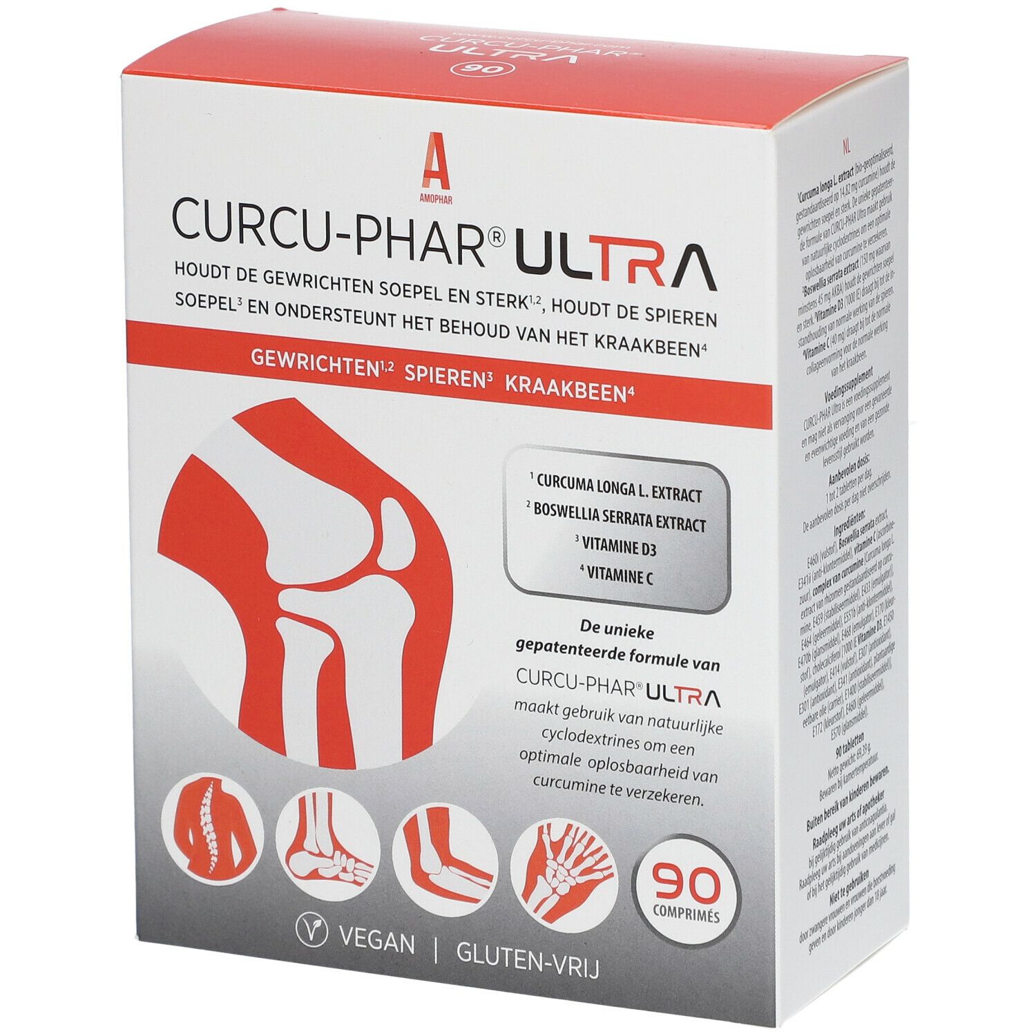 Verpakking van Curcu-Phar® Ultra. Bevat 90 tabletten. Vegan en glutenvrij. Bevat extracten van Curcuma Longa, Boswellia Serrata, Vitamine D3 en C.