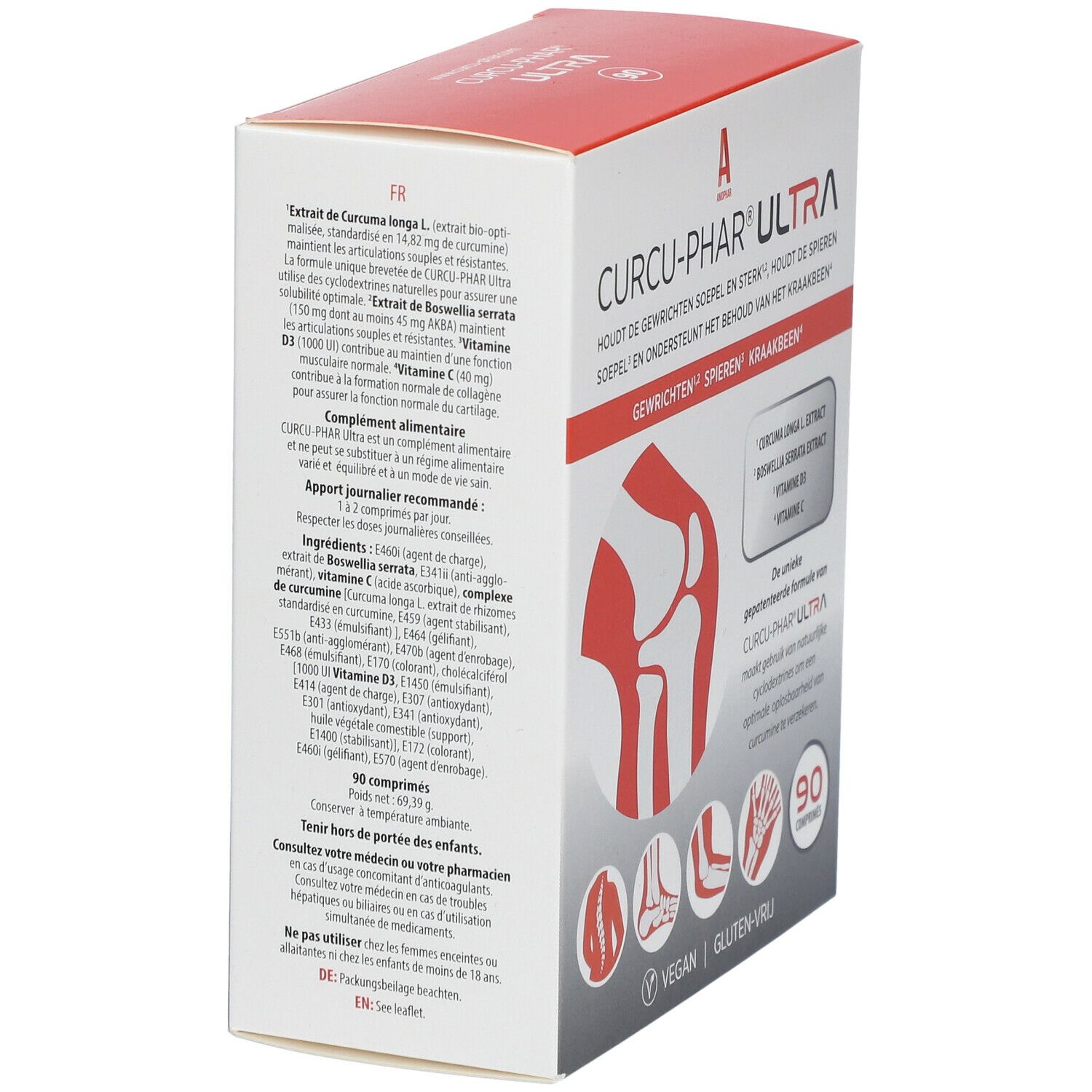 Verpakking van Curcu-Phar® Ultra. Bevat 90 tabletten. Vegan en glutenvrij. Bevat extracten van Curcuma Longa, Boswellia Serrata, Vitamine D3 en C.