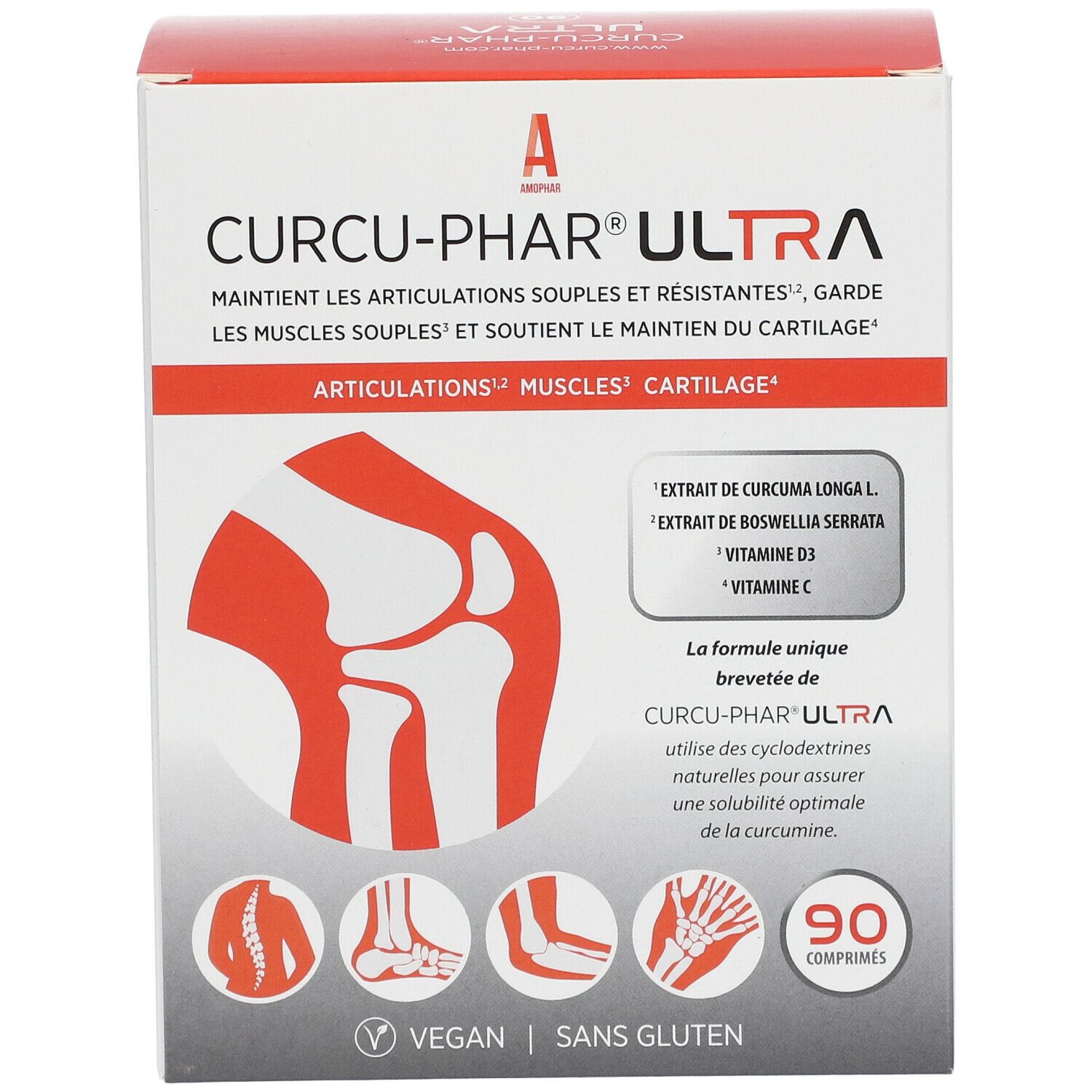 Verpakking van Curcu-Phar® Ultra. Bevat 90 tabletten. Vegan en glutenvrij. Bevat extracten van Curcuma Longa, Boswellia Serrata, Vitamine D3 en C.