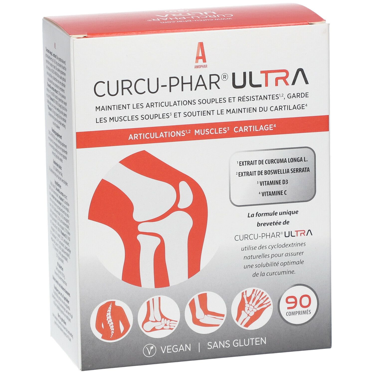 Verpakking van Curcu-Phar® Ultra. Bevat 90 tabletten. Vegan en glutenvrij. Bevat extracten van Curcuma Longa, Boswellia Serrata, Vitamine D3 en C.