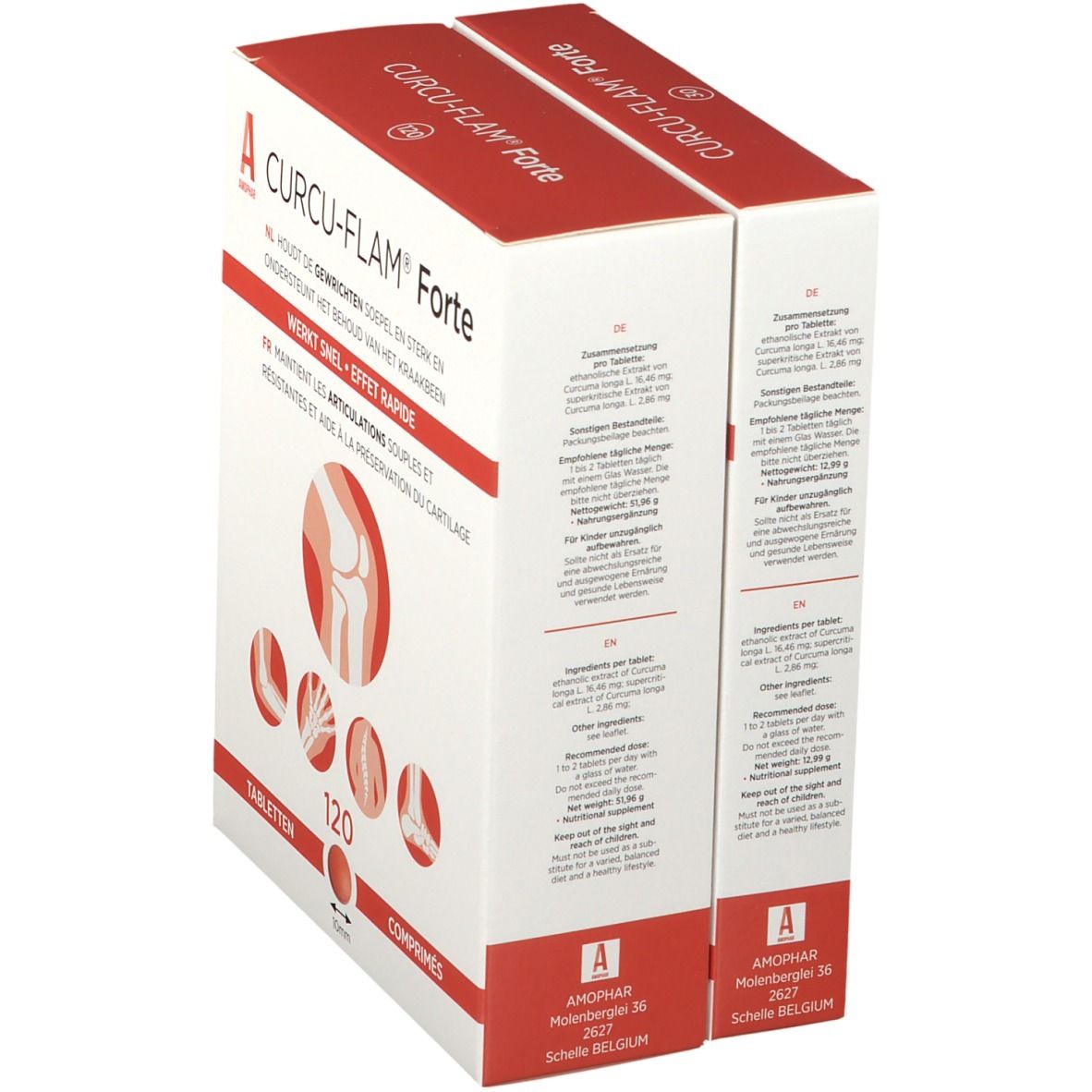 Dos de la boîte de Curcu-Flam Forte. Informations sur le produit. Blanc avec texte rouge.
