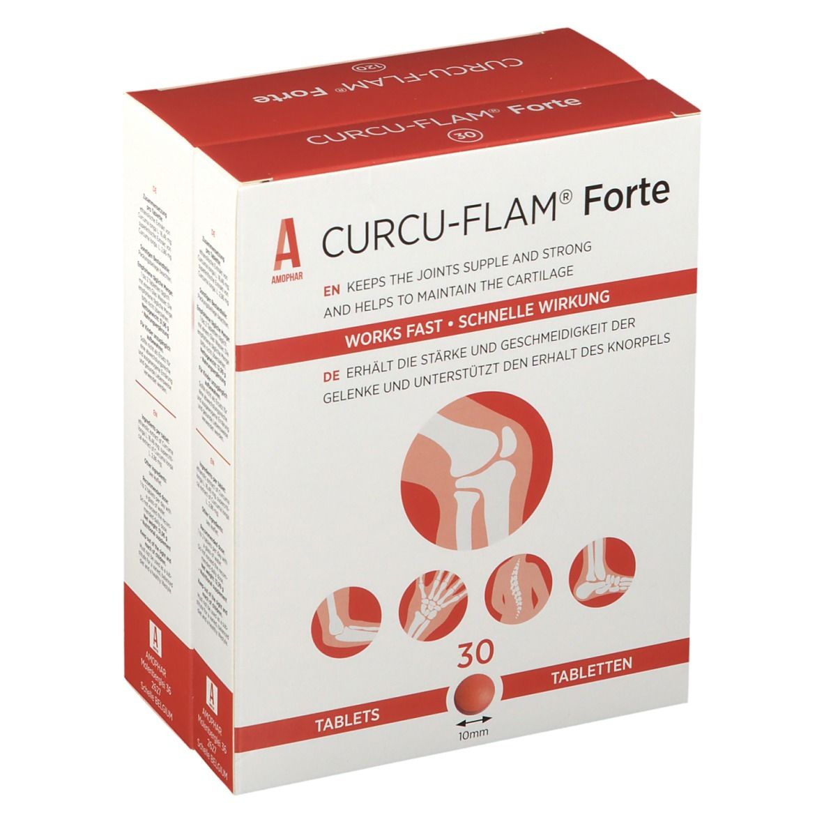 Boîte de Curcu-Flam Forte, 30 comprimés. Emballage rouge et blanc avec informations et illustrations du produit.