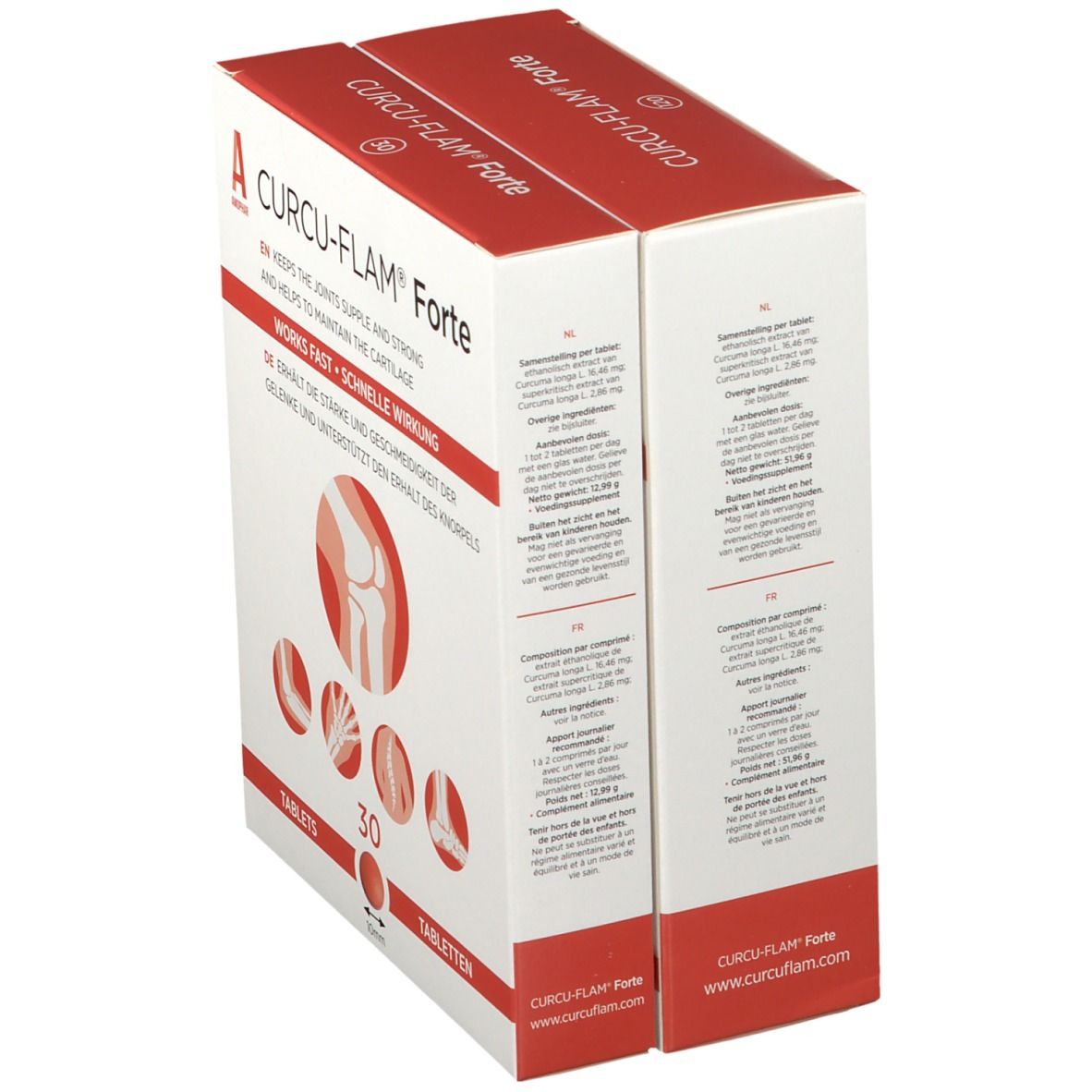 Dos de la boîte de Curcu-Flam Forte. Informations sur le produit. Blanc avec texte rouge.