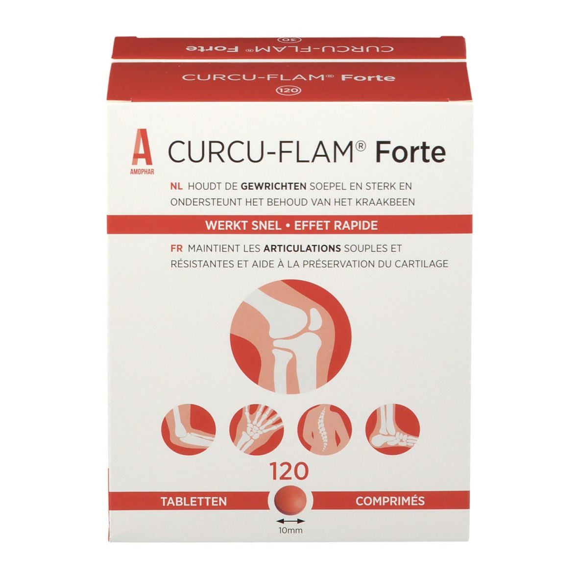 Boîte de Curcu-Flam Forte, 120 comprimés. Emballage rouge et blanc avec informations et illustrations du produit.