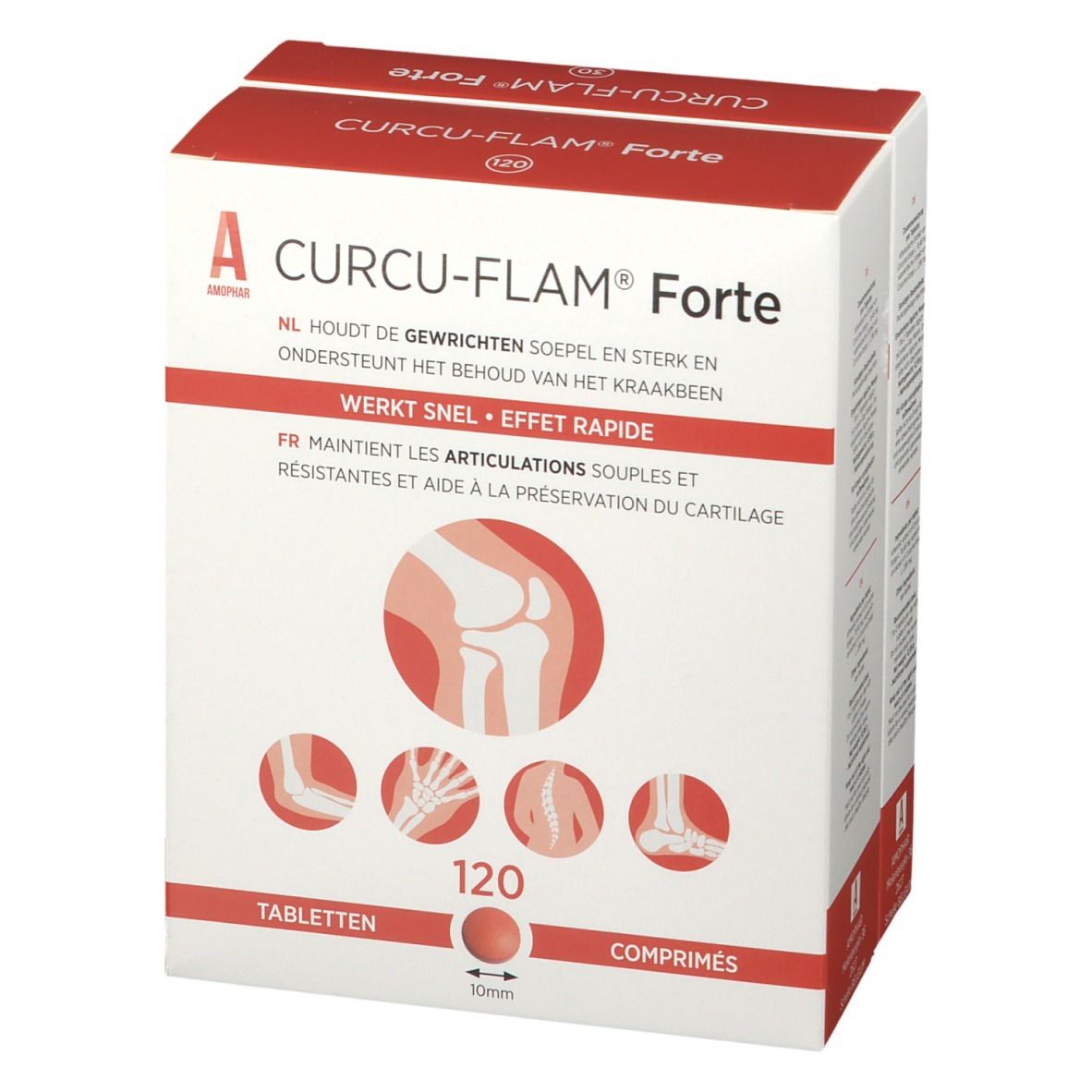 Boîte de Curcu-Flam Forte, 120 comprimés. Emballage rouge et blanc avec informations et illustrations du produit.
