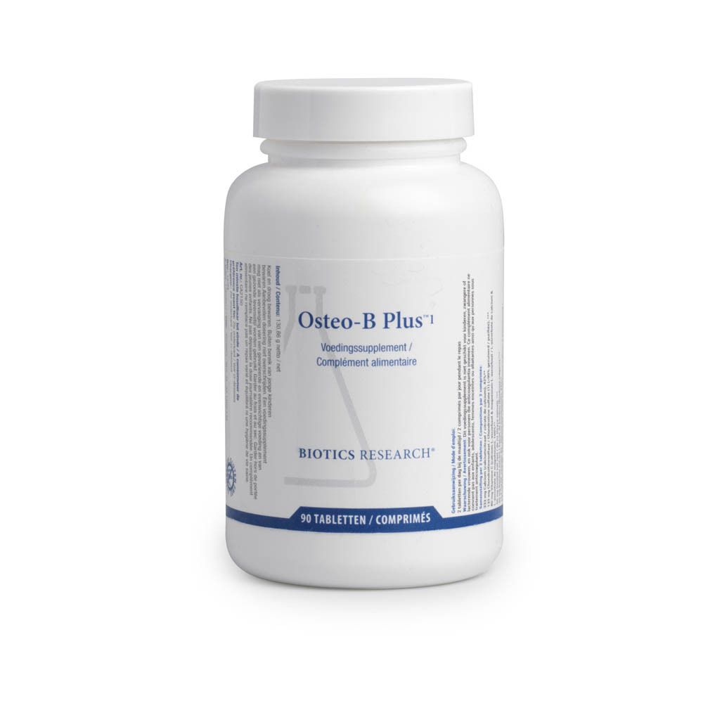 Flacon blanc avec capsules. Inscription: Osteo-B Plus. Étiquette avec informations sur le produit. Bouchon avec inscription.