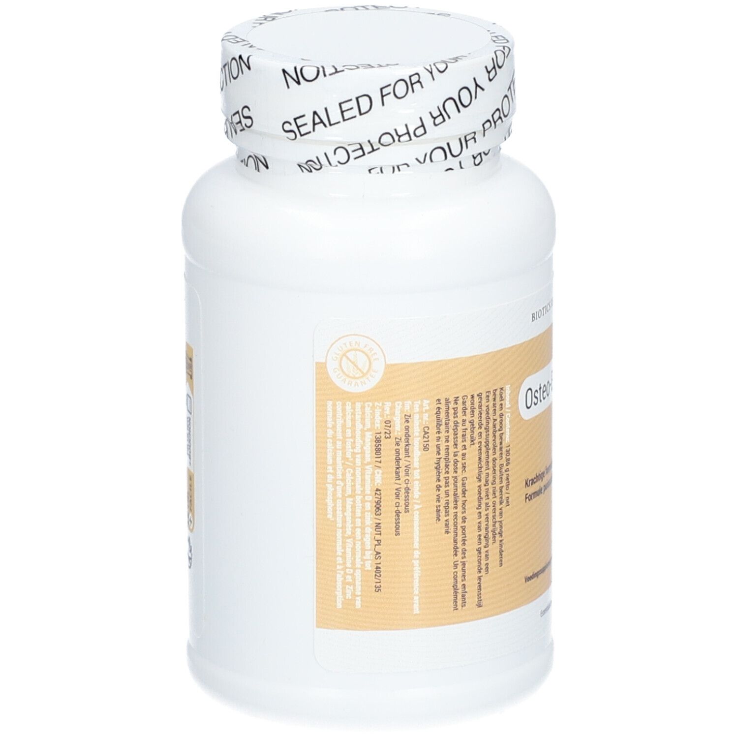 Dos du flacon blanc avec capsules. Étiquette avec informations sur le produit. Bouchon avec inscription.