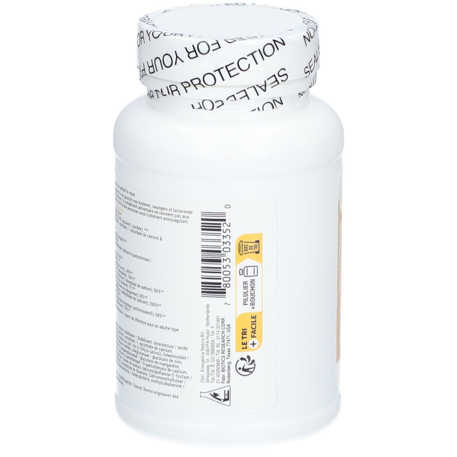 Dos du flacon blanc avec capsules. Étiquette avec informations sur le produit. Bouchon avec inscription.