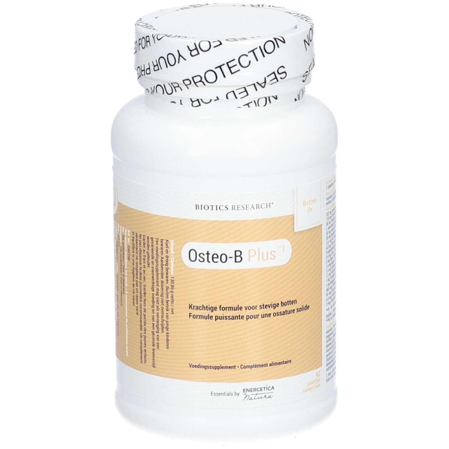 Flacon blanc avec capsules. Inscription: Osteo-B Plus. Étiquette avec informations sur le produit. Bouchon avec inscription.