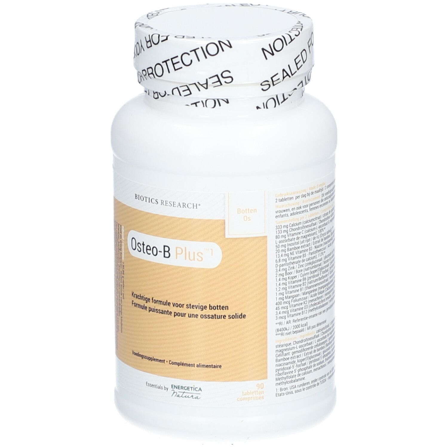 Flacon blanc avec capsules. Inscription: Osteo-B Plus. Étiquette avec informations sur le produit. Bouchon avec inscription.