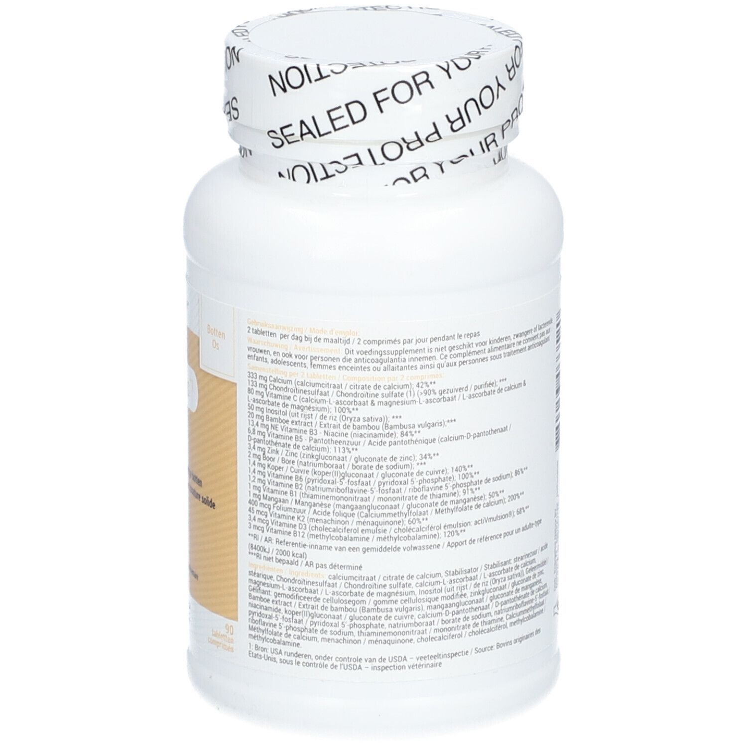 Dos du flacon blanc avec capsules. Étiquette avec informations sur le produit. Bouchon avec inscription.